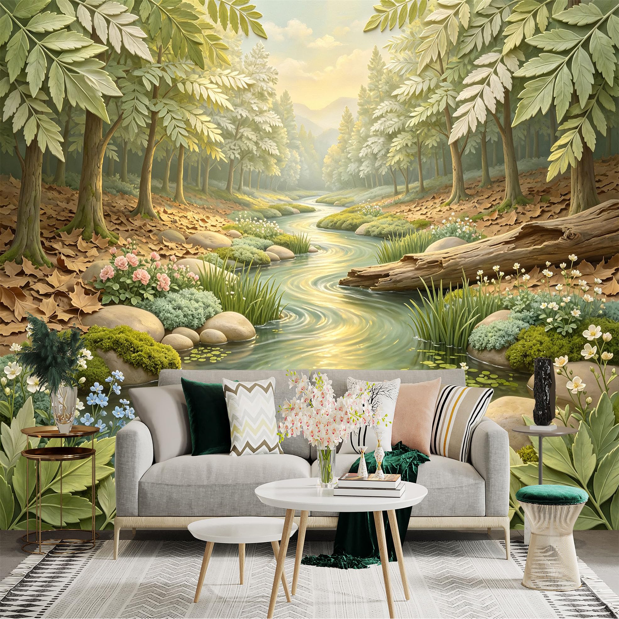 Lnzczhyre Bh260719736 Custom Size Wall Sticker Mural， Serene Woodland Stream， Peaceful River Landscape， Lush Forest Scenery， Nature Botanical Decor， For Wall Decoration， Peelandstick Wall Decals.