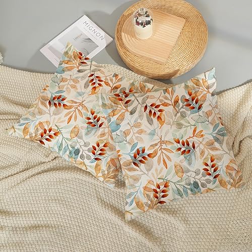 Miniatura 109 de Juego de 2 fundas de almohada de otoño de 18 x 18 pulgadas, hojas de arce de calabaza y búfalo a cuadros, decoración de otoño, de lino, Acción