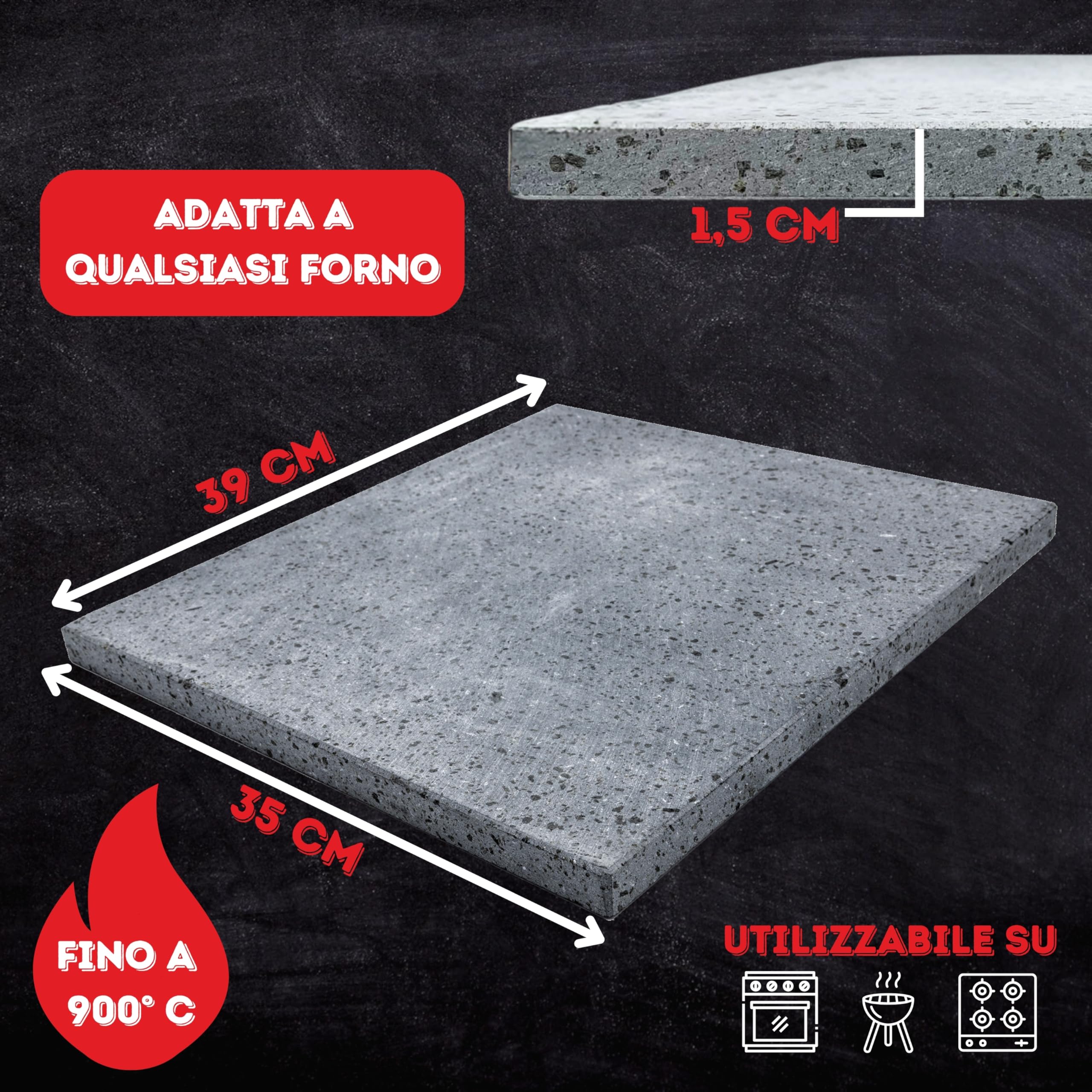 Juego de piedra refractaria de piedra volcánica Etna para pizza 39 x 35 x 1,5 cm + pala para horno de gas, eléctrico y barbacoa para pan y pinsa - Nuevo producto