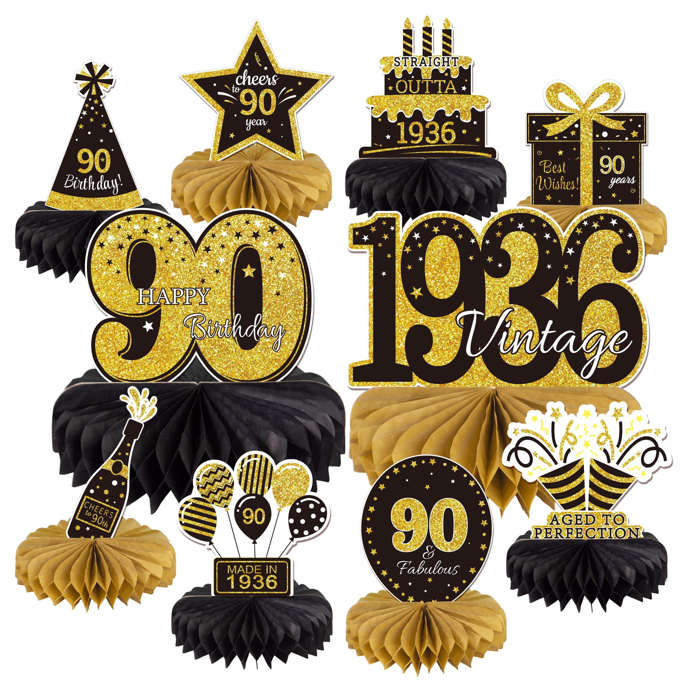 10PCS 90th Birthday Decorations Centerpieces for Table Decorations, 2026 Vintage 1936 Honeycomb Table Topper Back in 1936 Birthday Party Decoration for Men and Women (Gold &amp; Black, 90 Years)