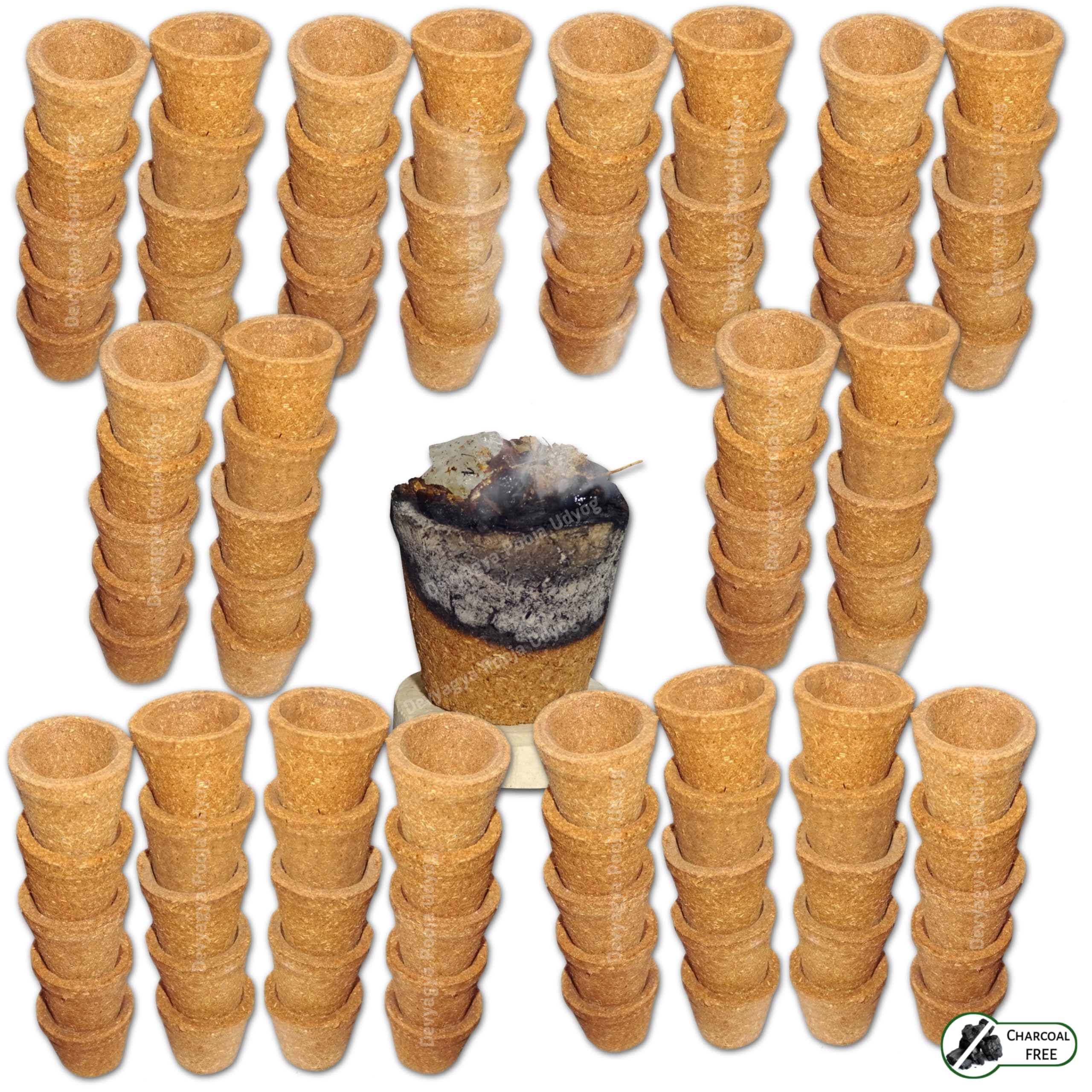 Devyagya Cow Dung Empty Sambrani dhoop 100 Cups for Pooja with 1 Ceramic Holder | Herbal Natural Sambrani Cups for Daily Pooja and Festivals | Natural Hawan Cups | Charcoal Free | Large Cups-picture-23