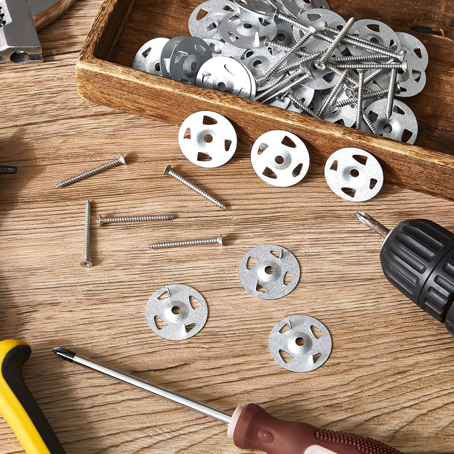 Fastener Kit Board Hardware Set, Includes 1-1/8 Inch Galvanized Steel Washers and Stainless Steel Screws for Fixing Fastening Installation(1000 Pcs)