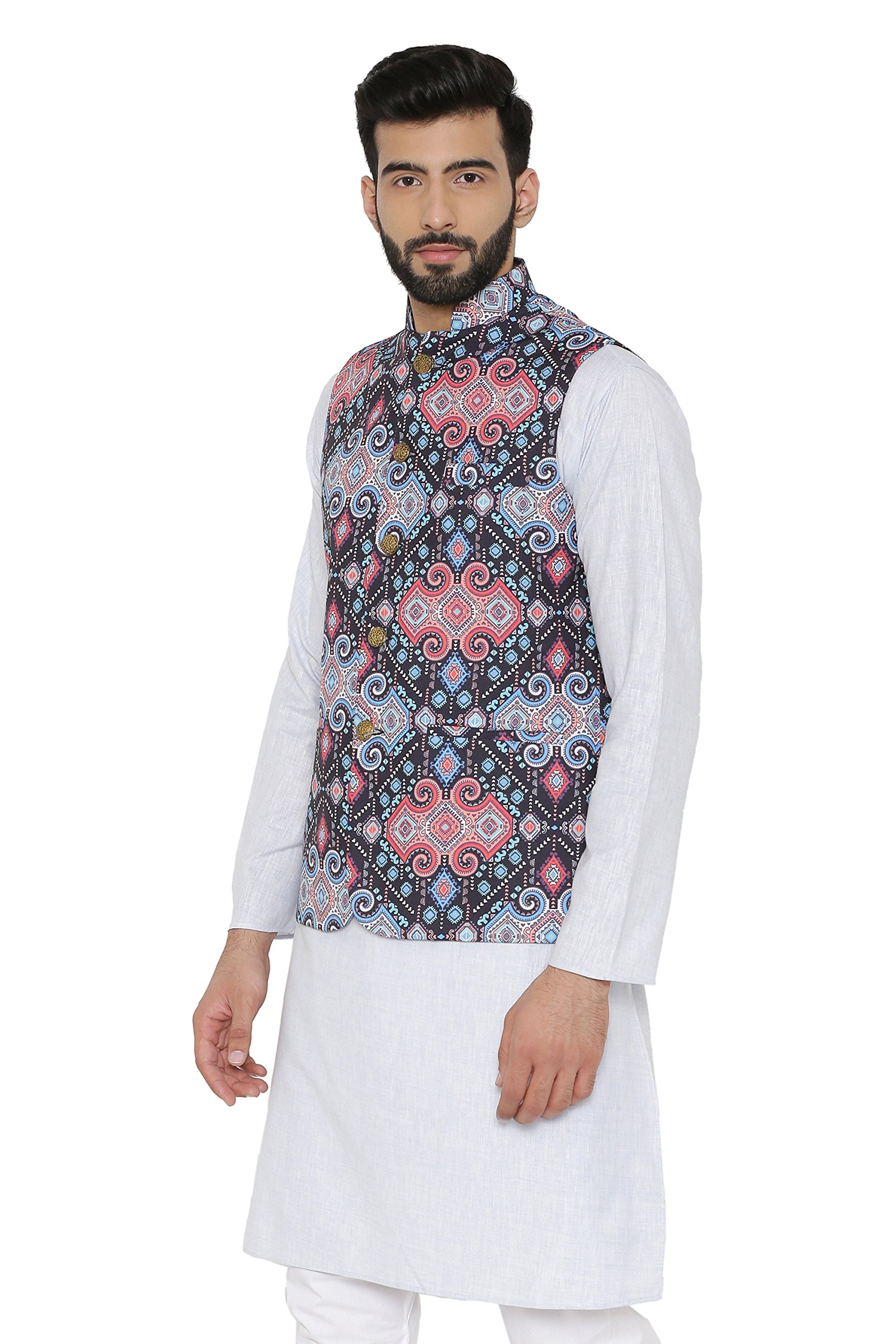 WINTAGE Men's Rayon Grandad Printed Nehru Jacket Waistcoat