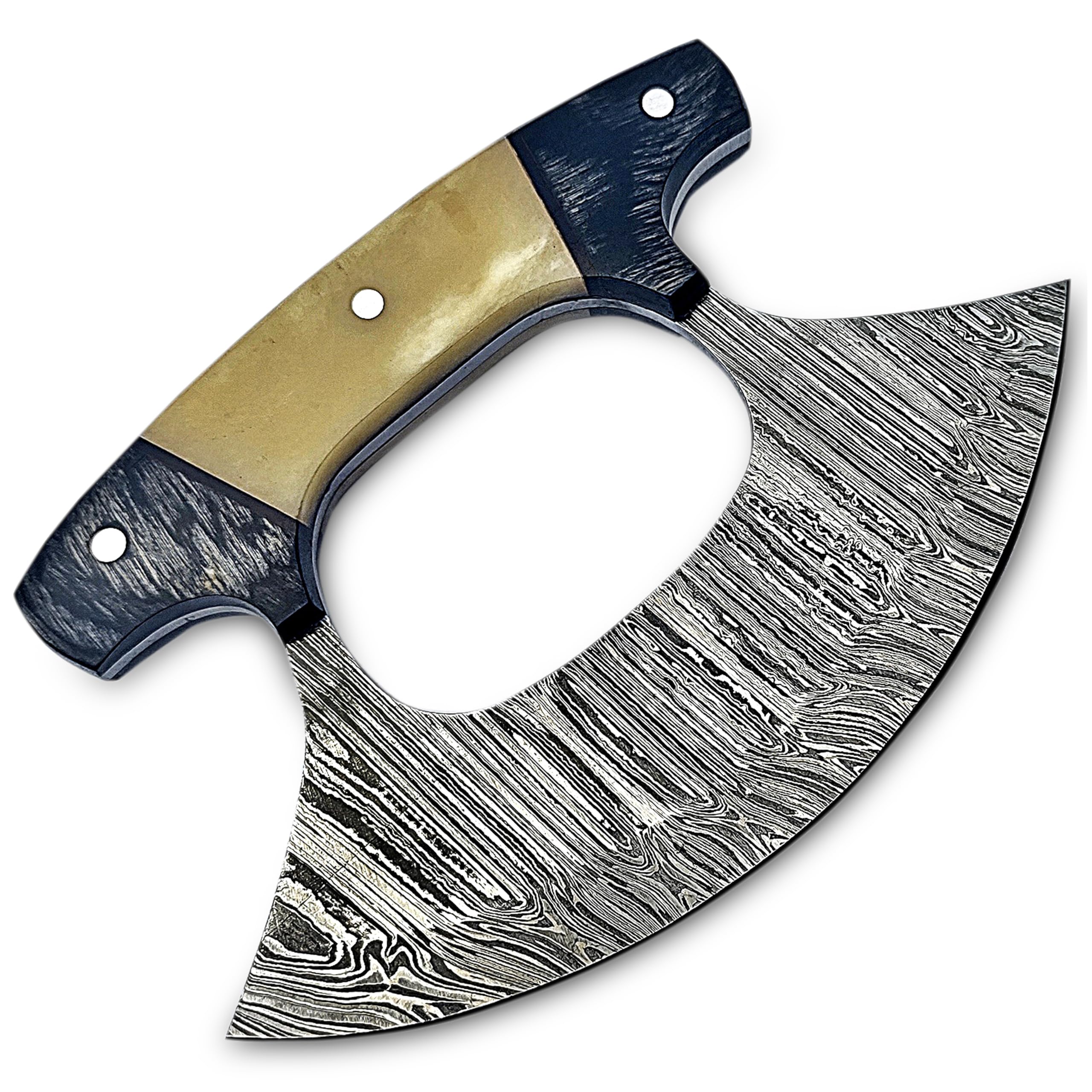HIVE BLADES Damascus Ulu Pizza Cutter Rocker Knife With Sheath - Mezzaluna for Slicing, Chopping, Camping, Outdoor Use - Wood & Bone Handle