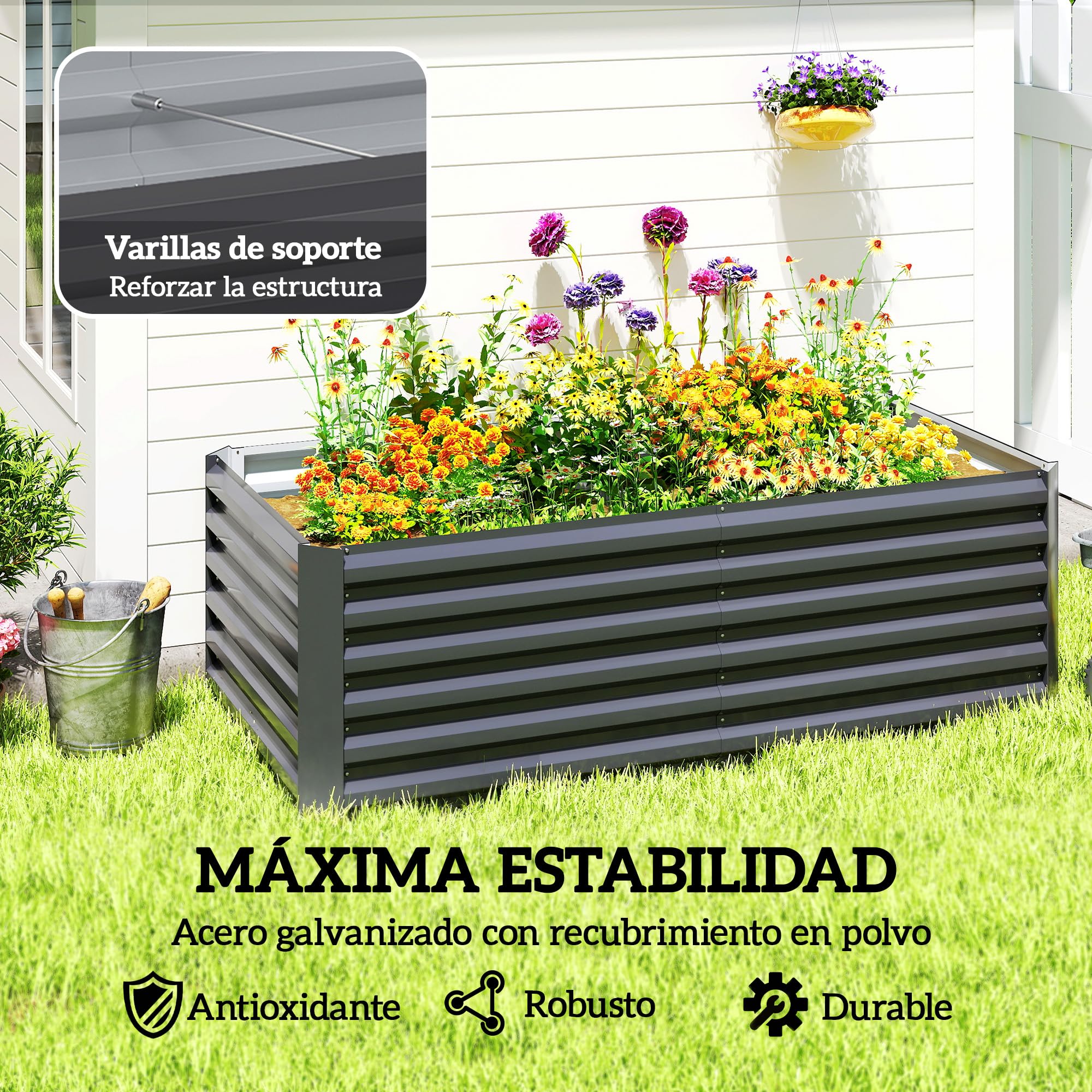 Outsunny Carré Potager Surélevé Galvanisé 180x90x60 cm Gris Foncé