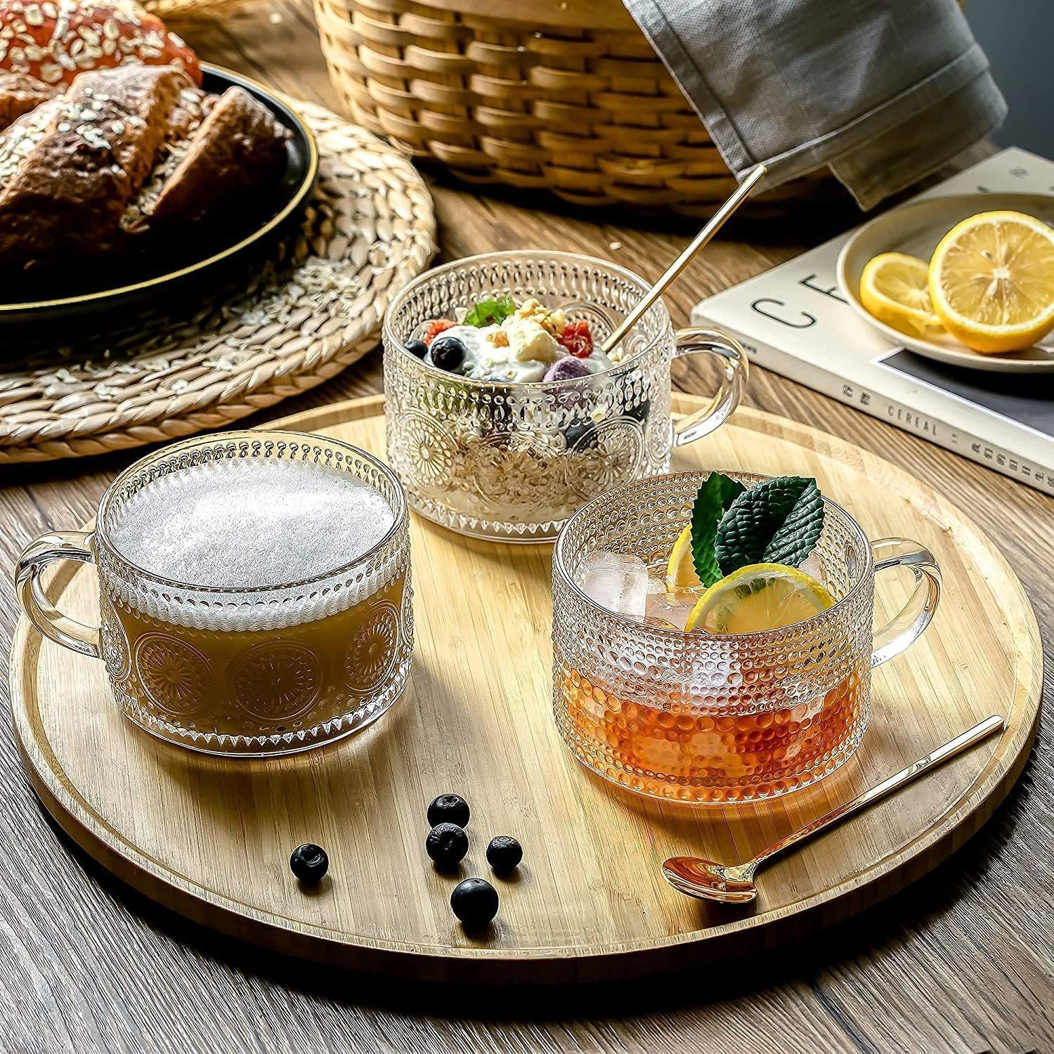 Zestaw kubków do kawy w stylu vintage, 400 ml, przezroczyste szklane kubki z bambusowymi pokrywkami i łyżkami do latte, jogurtu, napojów i płatków owsianych, zestaw 4 szt