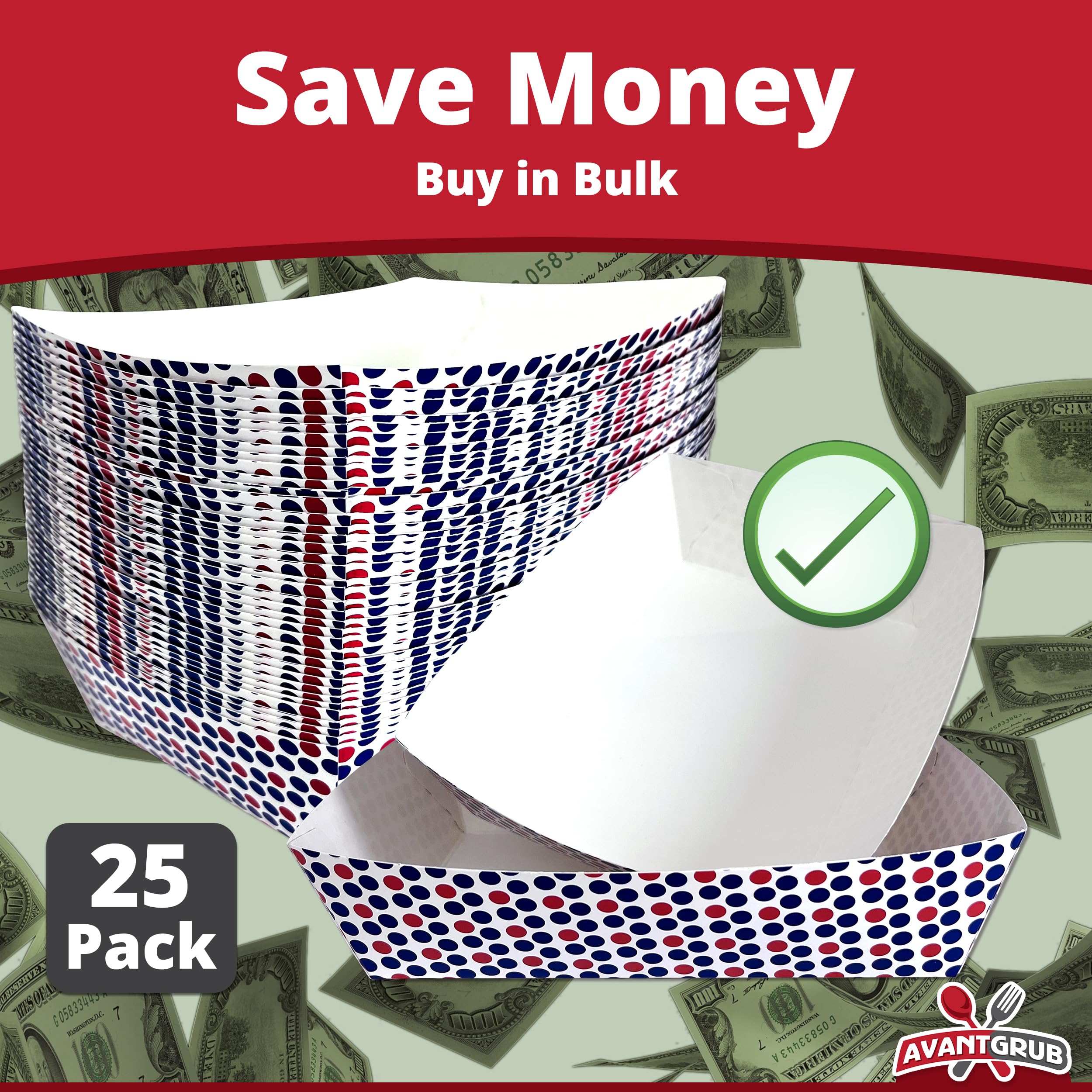 25 Pack Heavy Duty Paper Food Trays – 3 Lb Grease-Resistant Boats With Red & Blue Polka Dots – Perfect For Festivals & Food Trucks