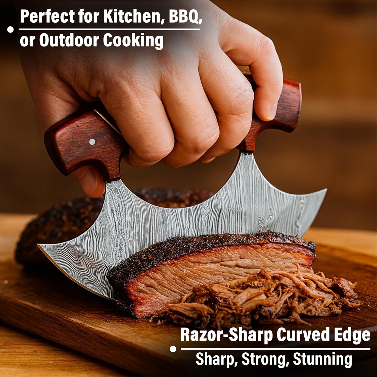 Handmade Damascus Ulu Knife with Leather Sheath – Curved Rocker Blade | Sharp Alaskan ulu knives - Chopper for Meat, Fish, Vegetables, Herbs & Cheese | Wooden Handle