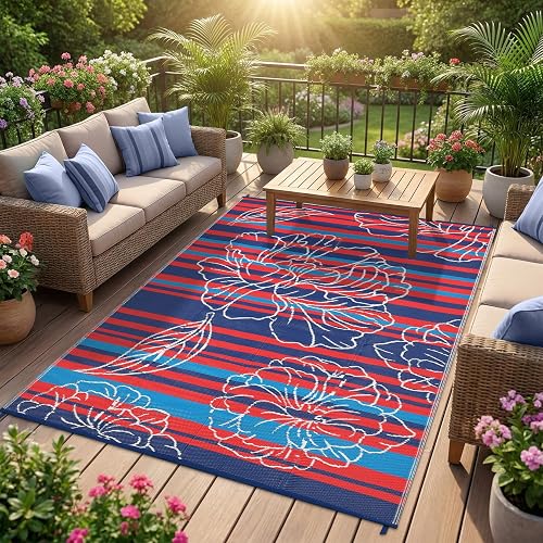 Garvee 6x9 Outdoor Waterproof Rug Reversible Straw Patio Rug Red&Navy