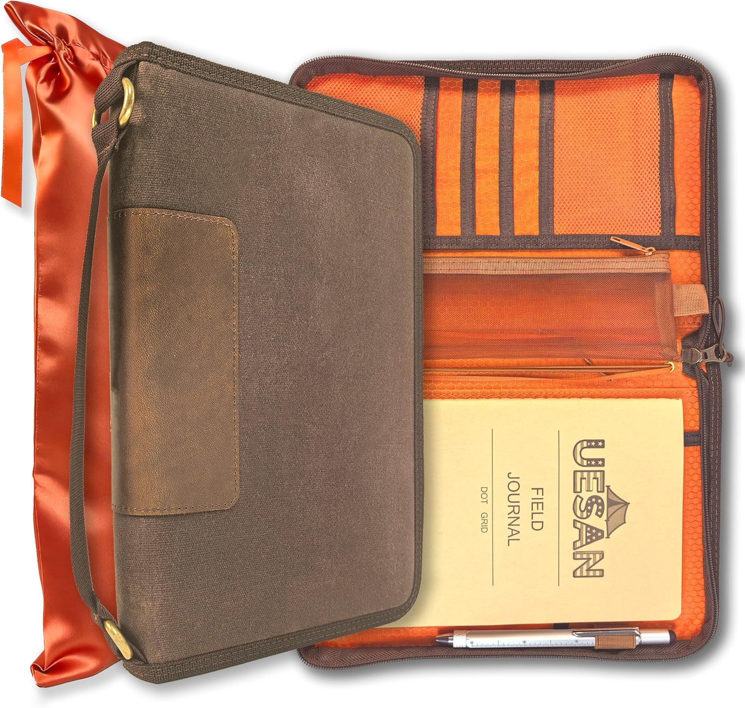 A5 Zippered Field Journal Cover with Detachable Strap, Waxed Canvas ＆ Leather Accent Notebook Organizer Case with Pen Holder, Includes 5.8″ x 8.3″ Refill, for Work, Business, Travel, Sketching, Brown