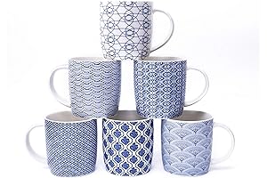 Set of 6 11.5 oz Melamine Tea Cups with Blue and White Geometric Patterns