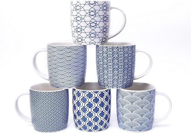 Set of 6 Coffee Mugs 340 ML/11.5 oz with Blue and White Geometric Patterns, Ceramic Tea Cup Set 6 Pack (Blue Mug Set of 6)
