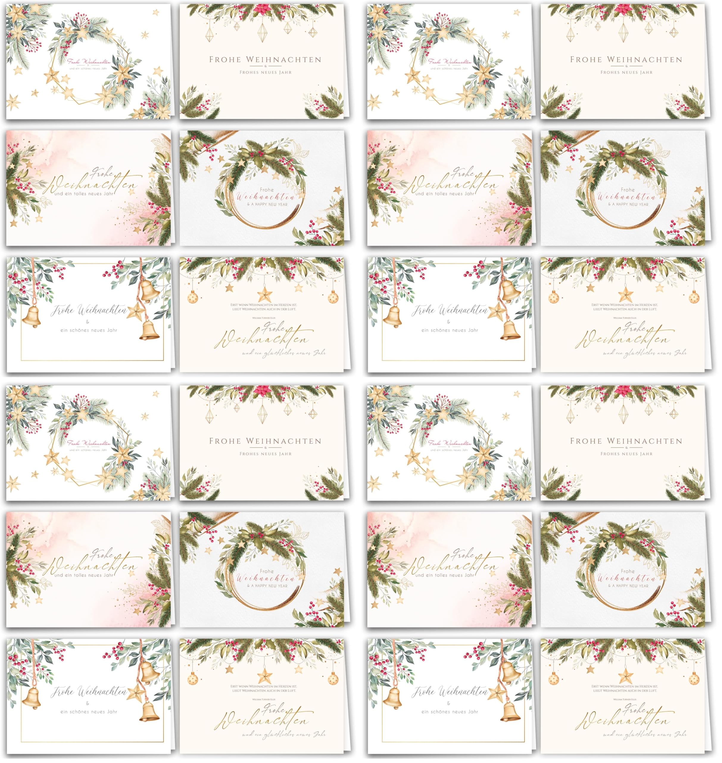 12 Weihnachtskarten Set Klappkarten mit Umschlägen Karte Karten Umschlag glanz Frohe Weihnachten Merry Christmas xmas grün gezeichnet Aquarell modern zart Geschenk (Packung mit 4)