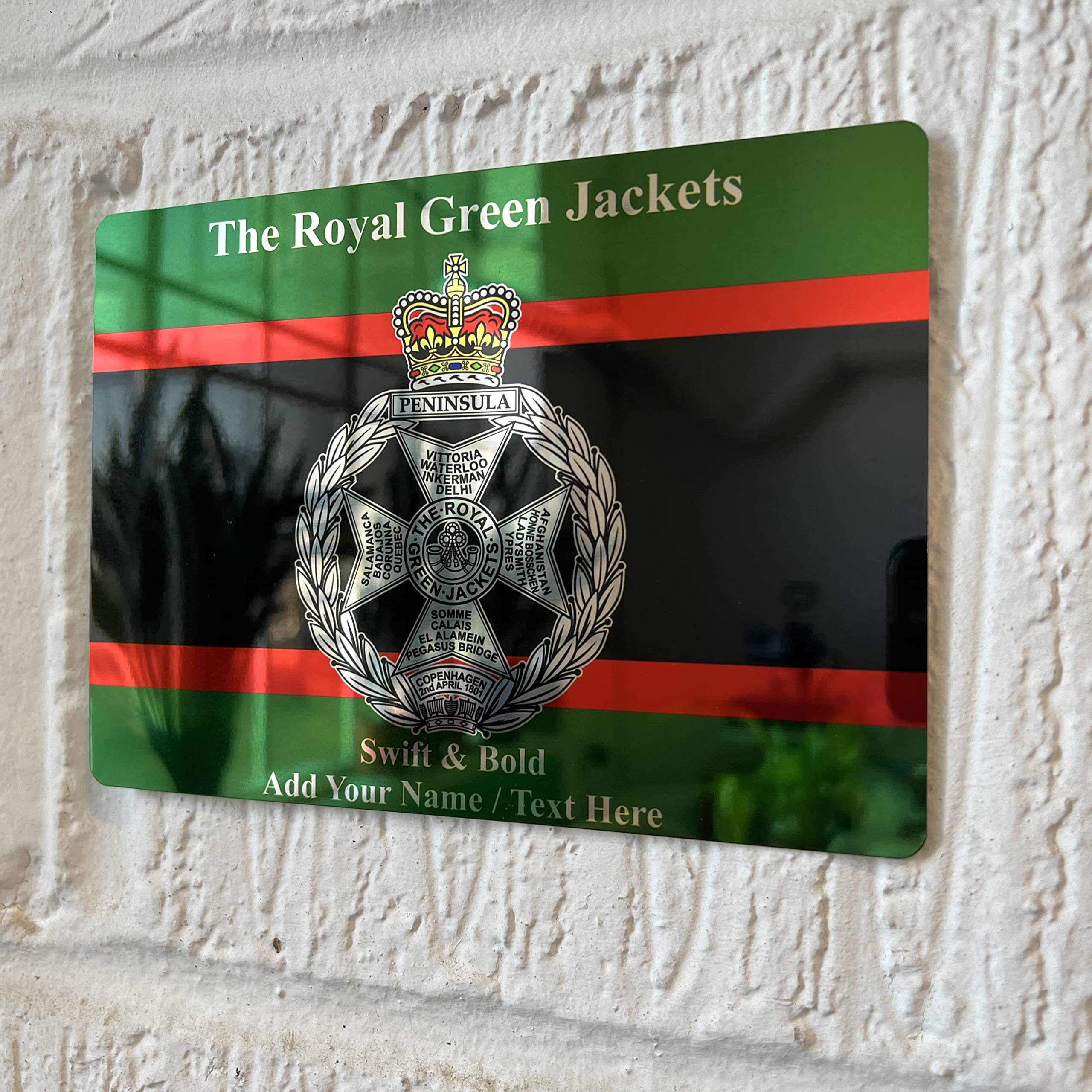 Royal Green Jackets Regiment RGJ Military Crest Personalised Add Name Mirror Finished Printed Metal Sign, A5 21x14cm