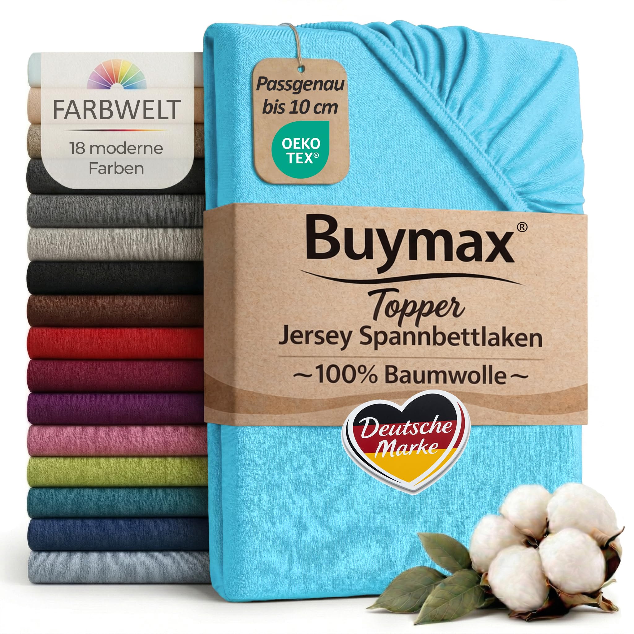 Buymax Jersey Topper Spannbettlaken aus 100% Baumwolle – Spannbetttuch für Topper bis 10 cm Höhe (18 cm Steg), atmungsaktiv, elastisch, Oeko-TEX