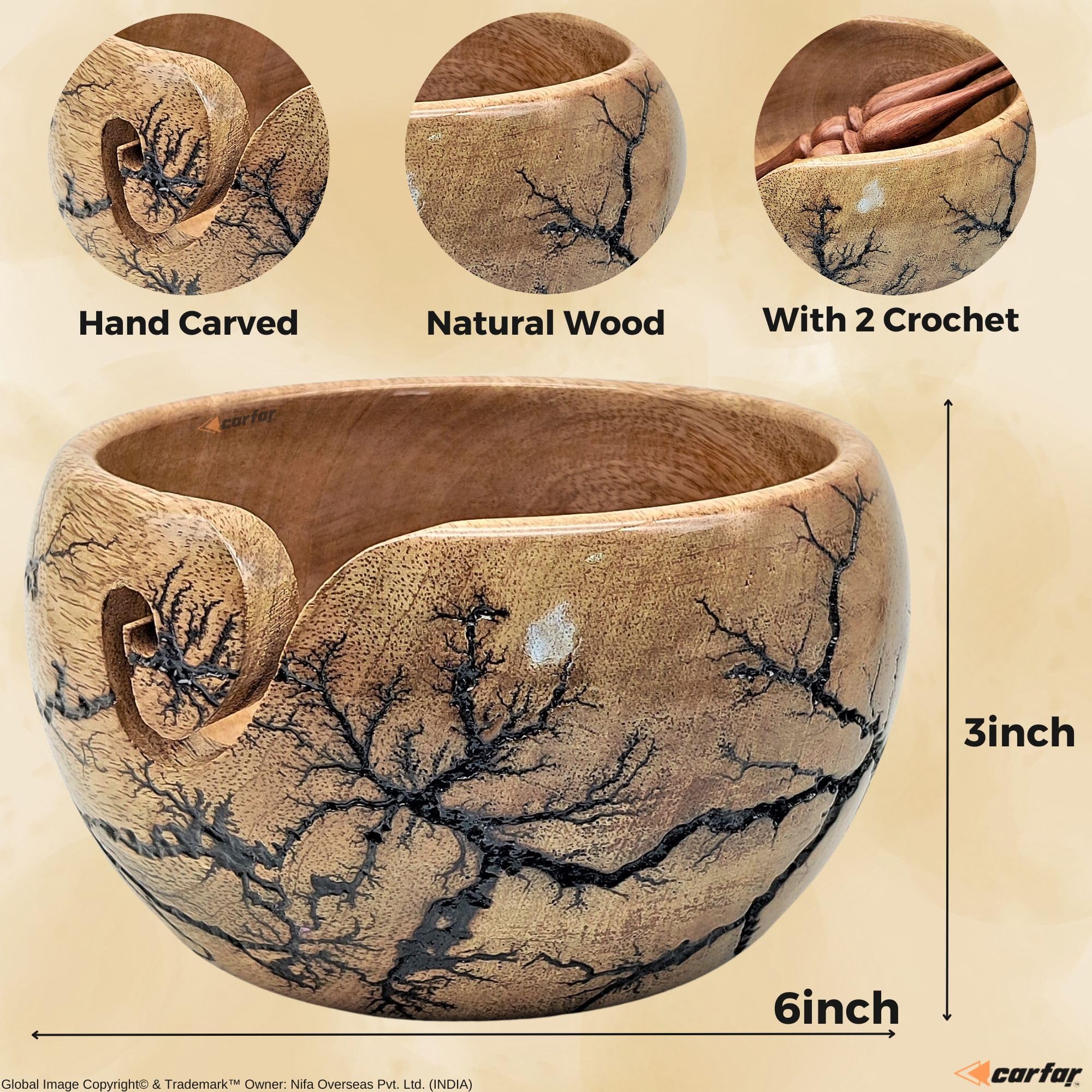 Carfar Knitting Yarn Bowl & Crochet Hooks Set Handmade Wooden Black Texture Yarn Bowl for Crocheting and Knitting (Black)