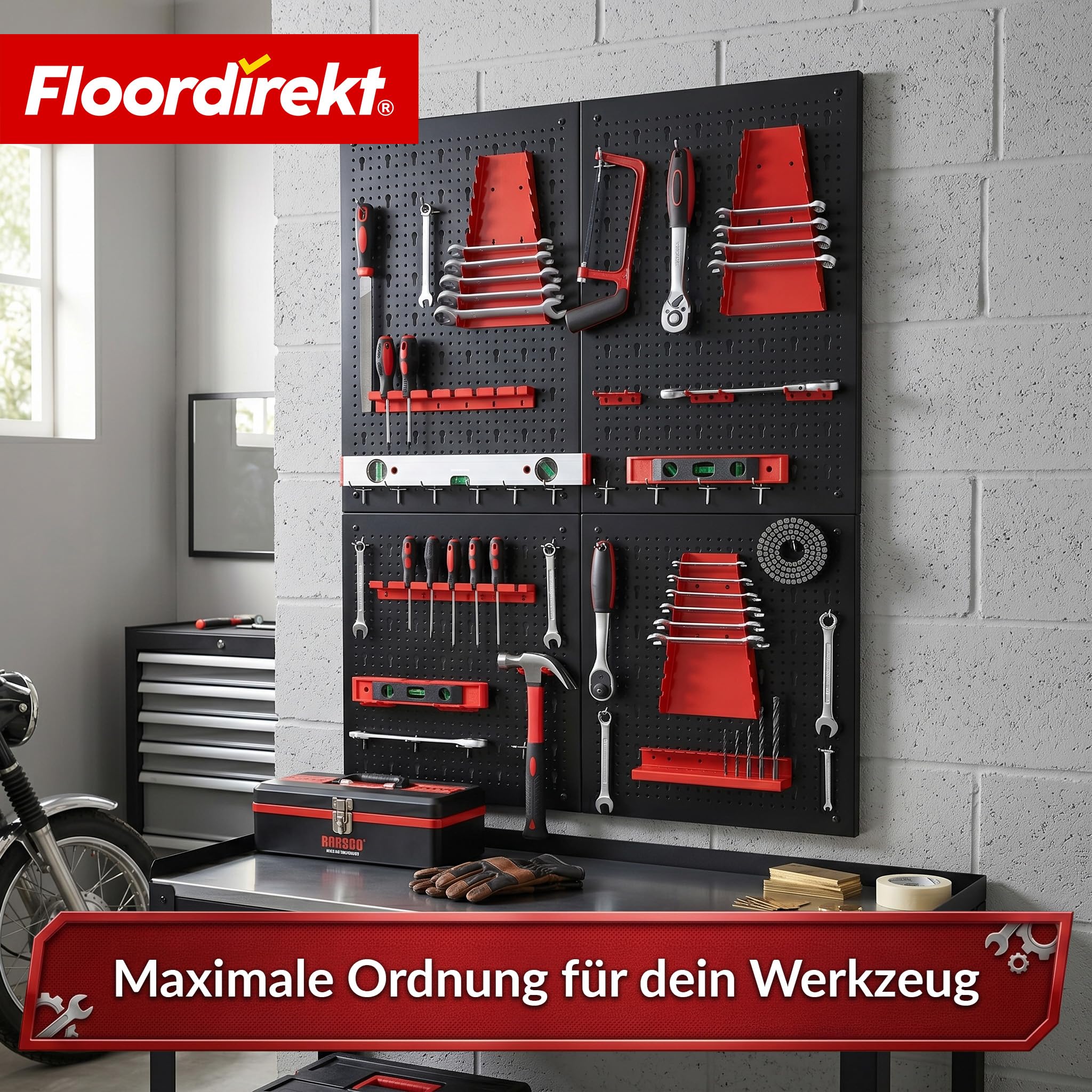 Floordirekt Werkzeug Lochwand aus Metall 160x60 cm Werkzeugwand Lochplatte - 4 Platten Set, für Werkbank, Garage, Werkstatteinrichtung