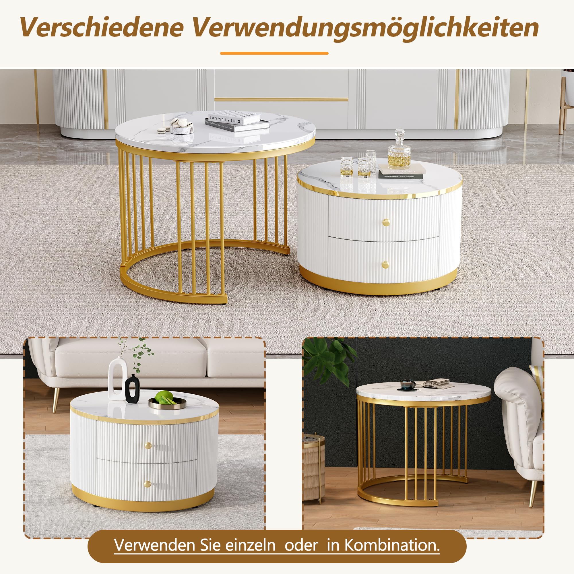 Soweiz Elegantes 2-teiliges, Weißes Couchtisch-Set in Nestform, Runde Tische mit Hochglänzender Marmoroptik, 2 Schubladen, bis 30kg Belastbar,Nesting-Kombination Couchtisch (Weiß+Gold)