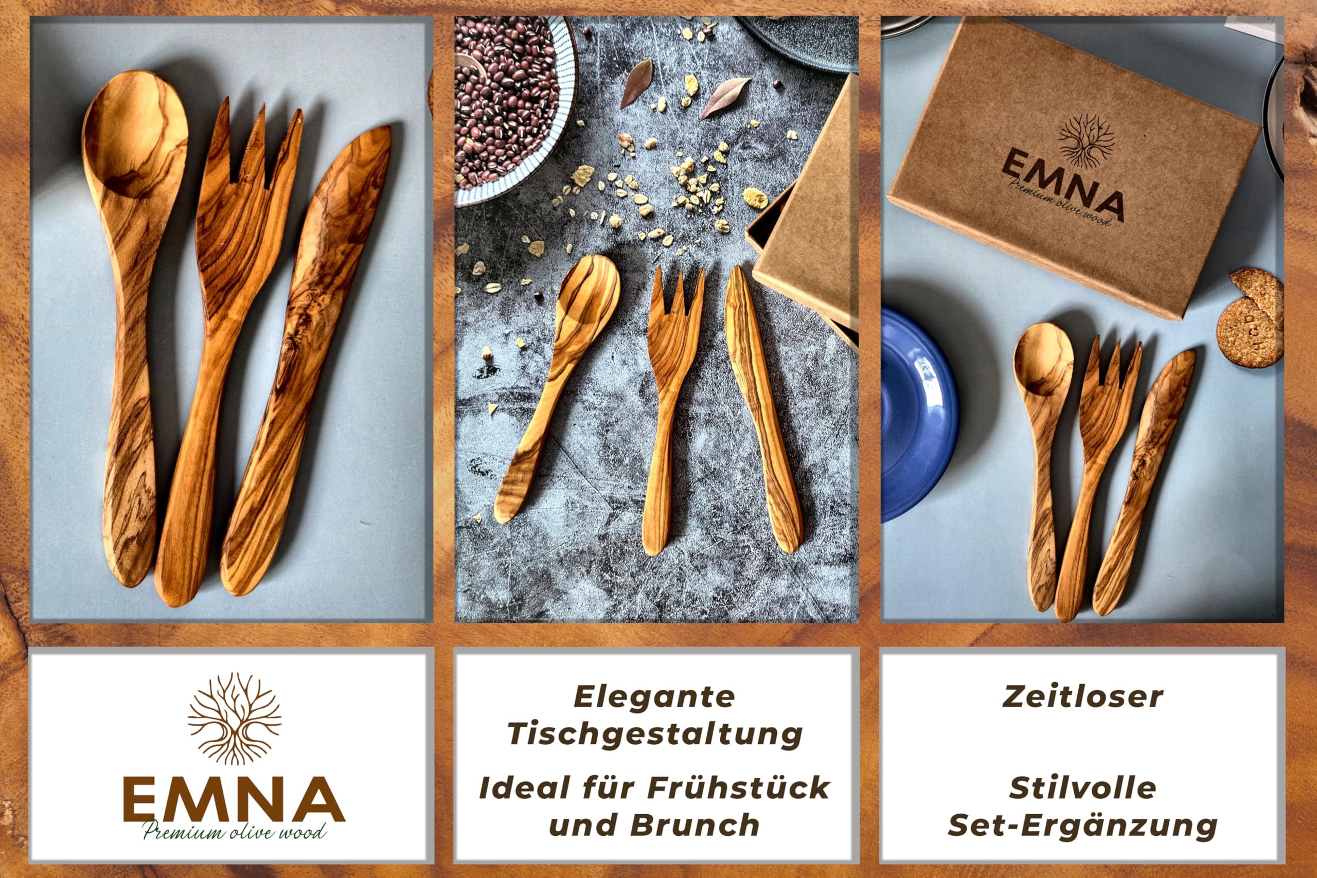 EMNA – Luxuriöses 12-teiliges Besteck Set aus massivem Olivenholz ca. 20 cm | 4 Löffel, 4 Gabeln & 4 Messer | Unikat | Edle Geschenkbox | Premium Geschenk Idee Weihnachten Hochzeit Geburtstag