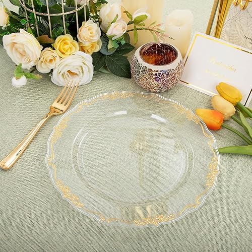 Miniatura 7 de DaYammi 60 platos desechables de plástico dorado transparente de alta resistencia de 10.25 pulgadas con borde dorado, platos desechables de plástico