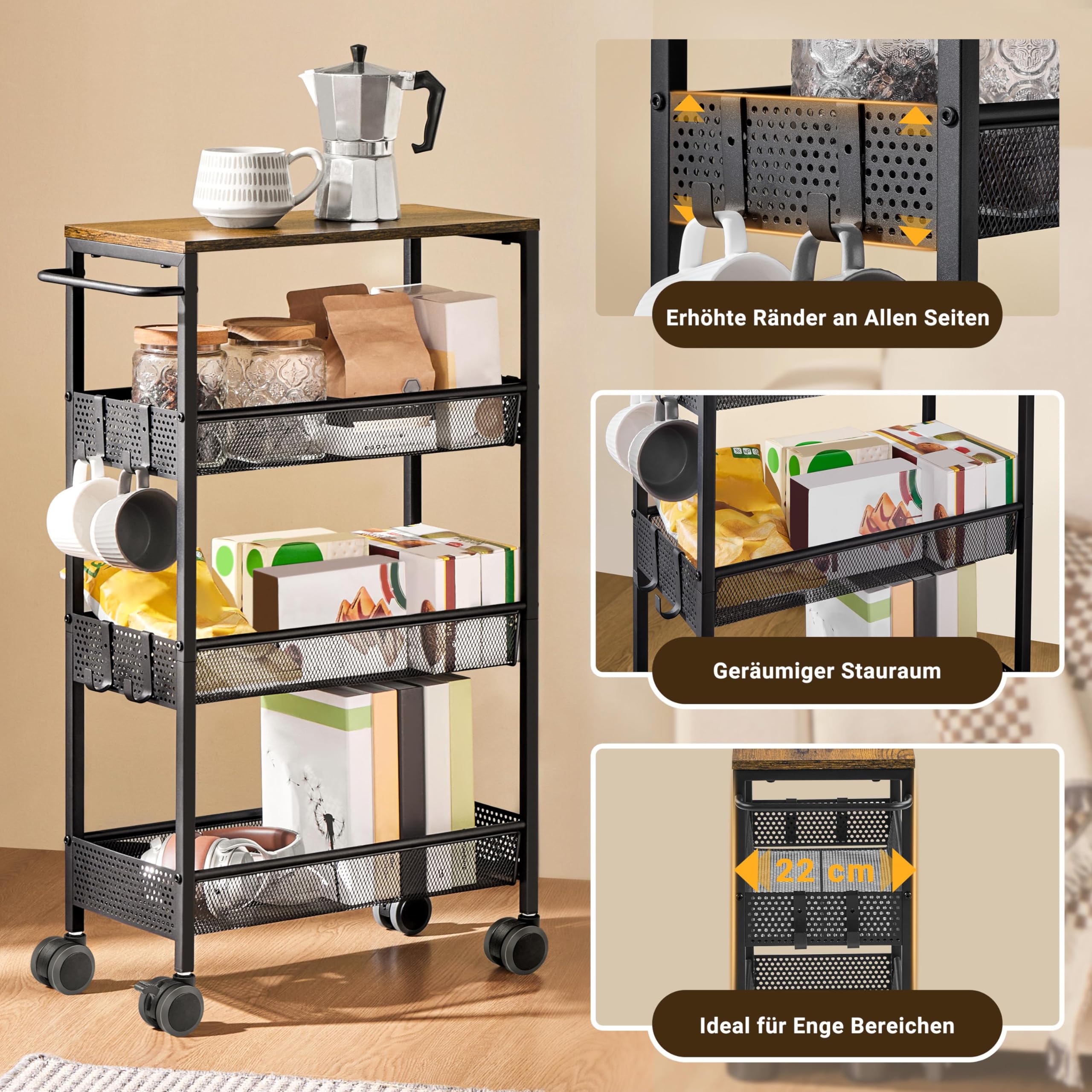 Yaheetech Chariot Rangement de Cuisine à 4 Niveaux, Dessert sur roulettes, Étagère de Rangement en Métal pour Cuisine/Salon/Salle de Bain, 50 × 22 × 79 cm, Style Idustriel, Brun Rustique