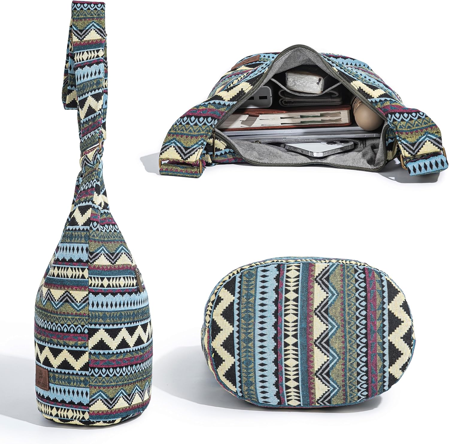 Coton Pose Women Hippie Crossbody Bag - Top Zip Large Capacity Canvas Sling Bag - Jacquard Cloth Handmade