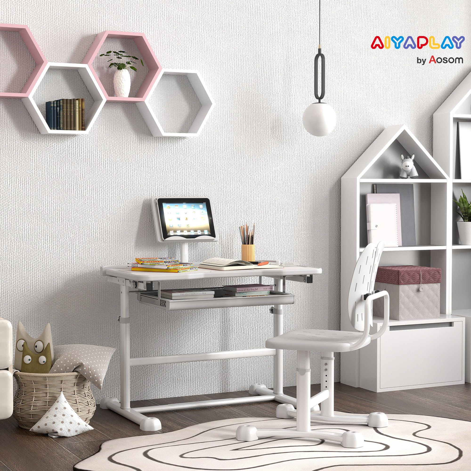 AIYAPLAY Bureau Enfant avec Chaise, Ensemble Bureau et Chaise pour Enfants avec Plateau inclinable 45°, Hauteur réglable, Gris