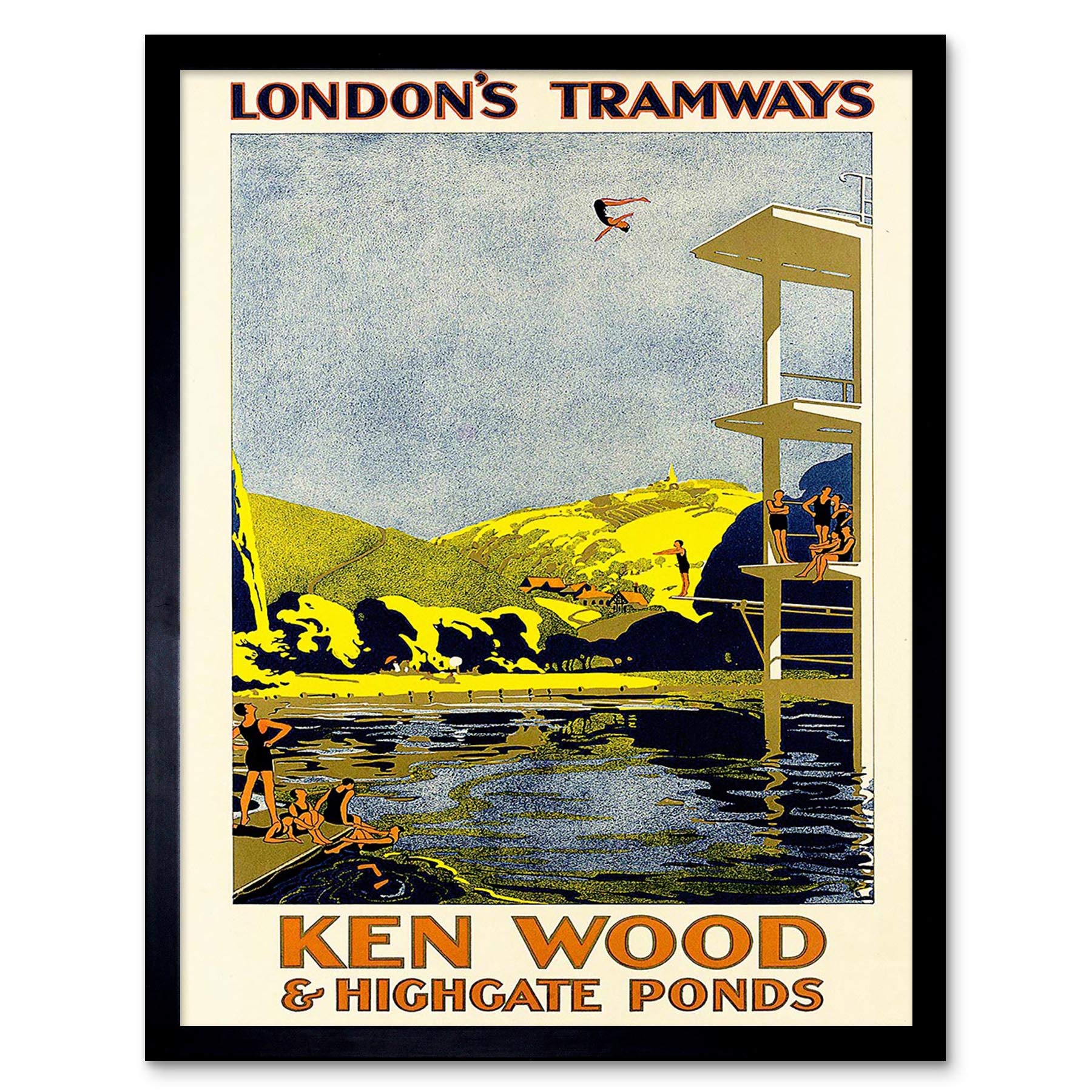 Wee Blue Coo Travel Tourism Tram London Highgate Ponds Hampstead Heath UK Art Print Framed Poster Wall Decor 12X16 Inch