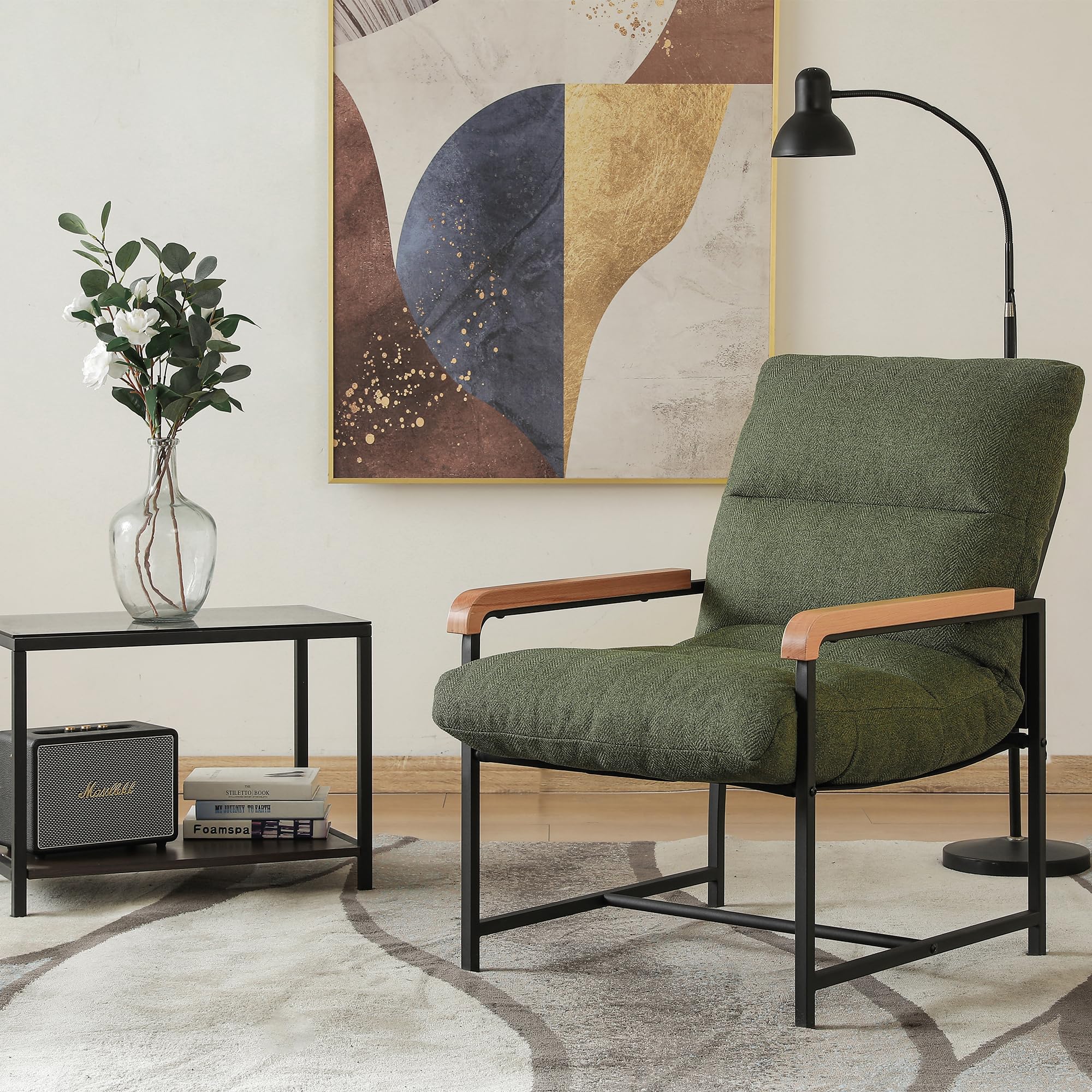Mingone Sillón con reposabrazos, sillón Acolchado Suave, Silla de cóctel Acolchada Suave, Silla de sofá Individual, Adecuada para Dormitorio, Oficina y Ocio (Verde) | Reposabrazos de madera maciza, sillón tapizado con marco de metal, sillón moderno para s