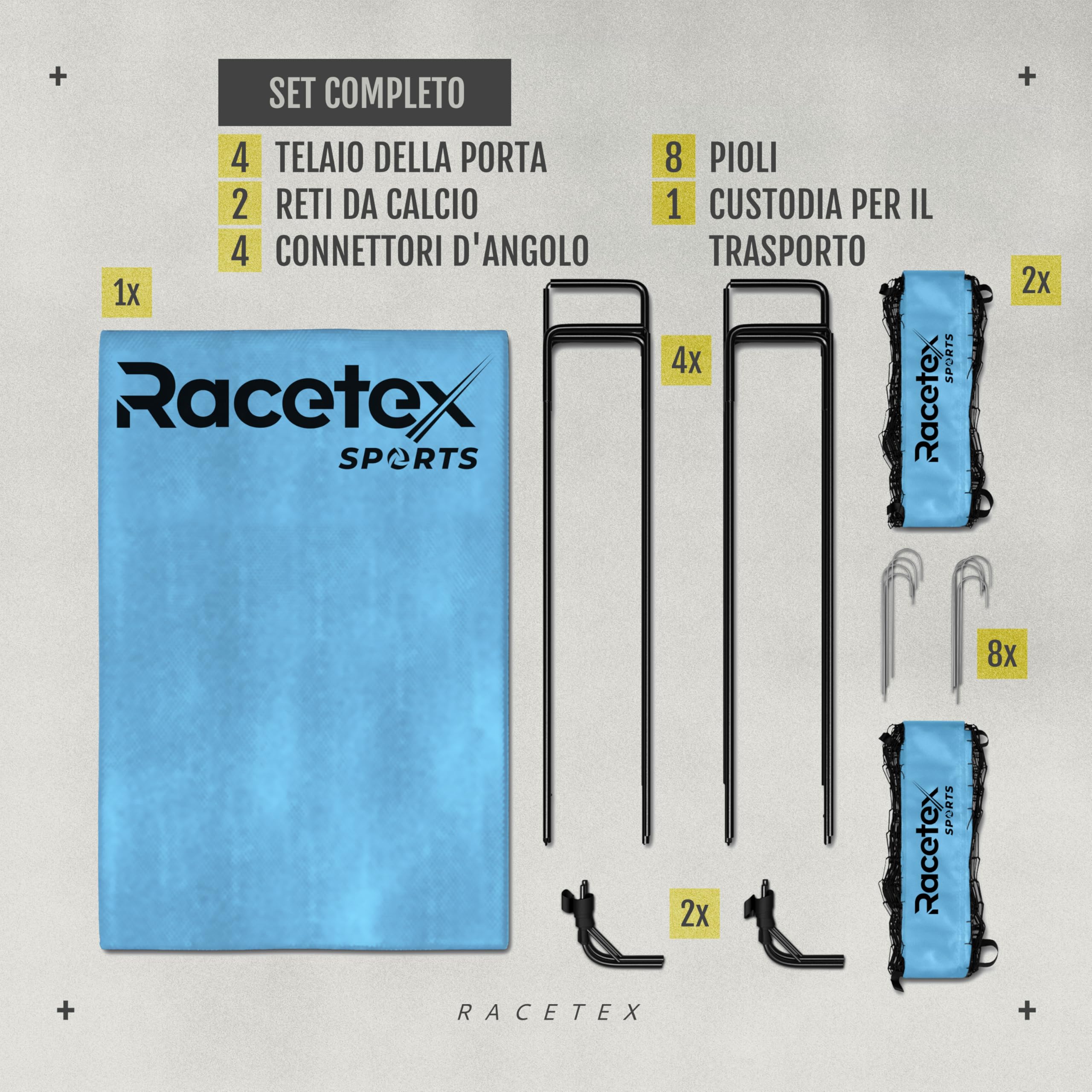 Racetex set di 2 porta calcio bambini - porte da calcio incluse in una pratica borsa per il trasporto - Versione con [ASTE RINFORZATE CON FIBRA DI VETRO] - porta per bambini
