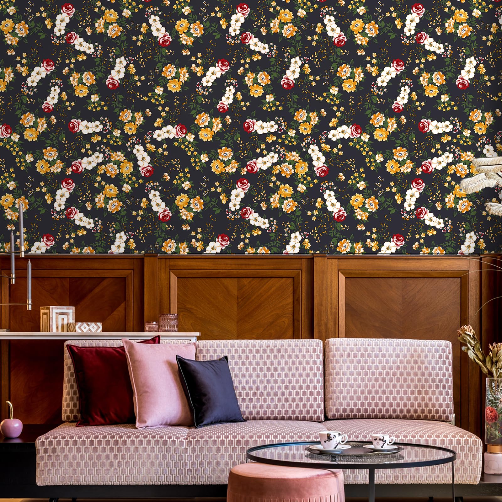VEELIKE Dark Meadow Flower Wallpaper Vintage Black Floral Wallpaper Botanical Leaf Contact Paper Peel and Stick Patterned Wall Paper for Bedroom Bathroom Cabinet Removable 44.5cm x 300cm - Image 4