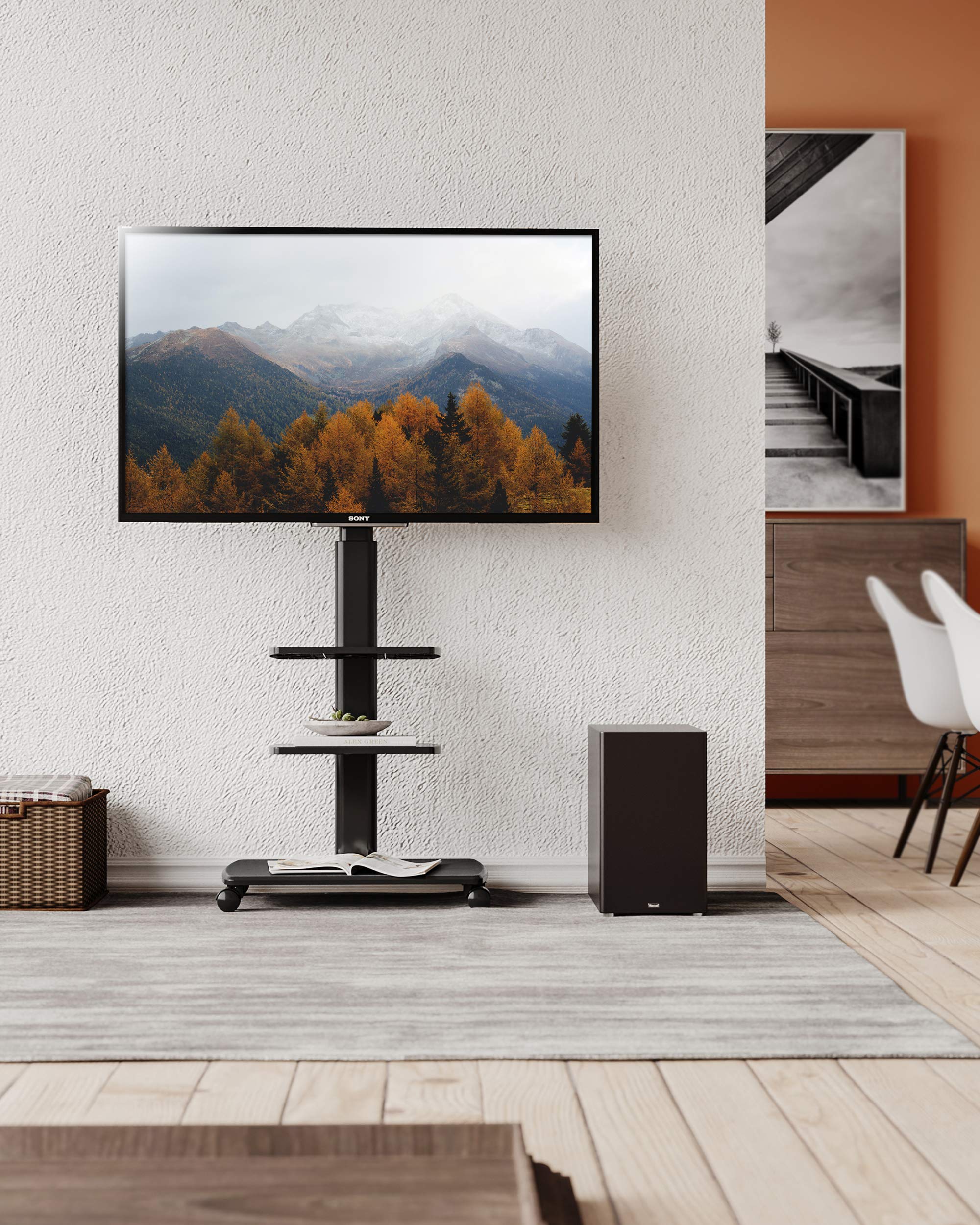 FITUEYES TV Ständer Rollbar, TV Standfuß mit 3 Ablagen für 32-70 Zoll Fernseher bis 40 kg, Höhenverstellbar & Schwenkbar, Max. VESA. 600 * 400 mm, Geeignet für Mietwohnungen Büros, Schwarz