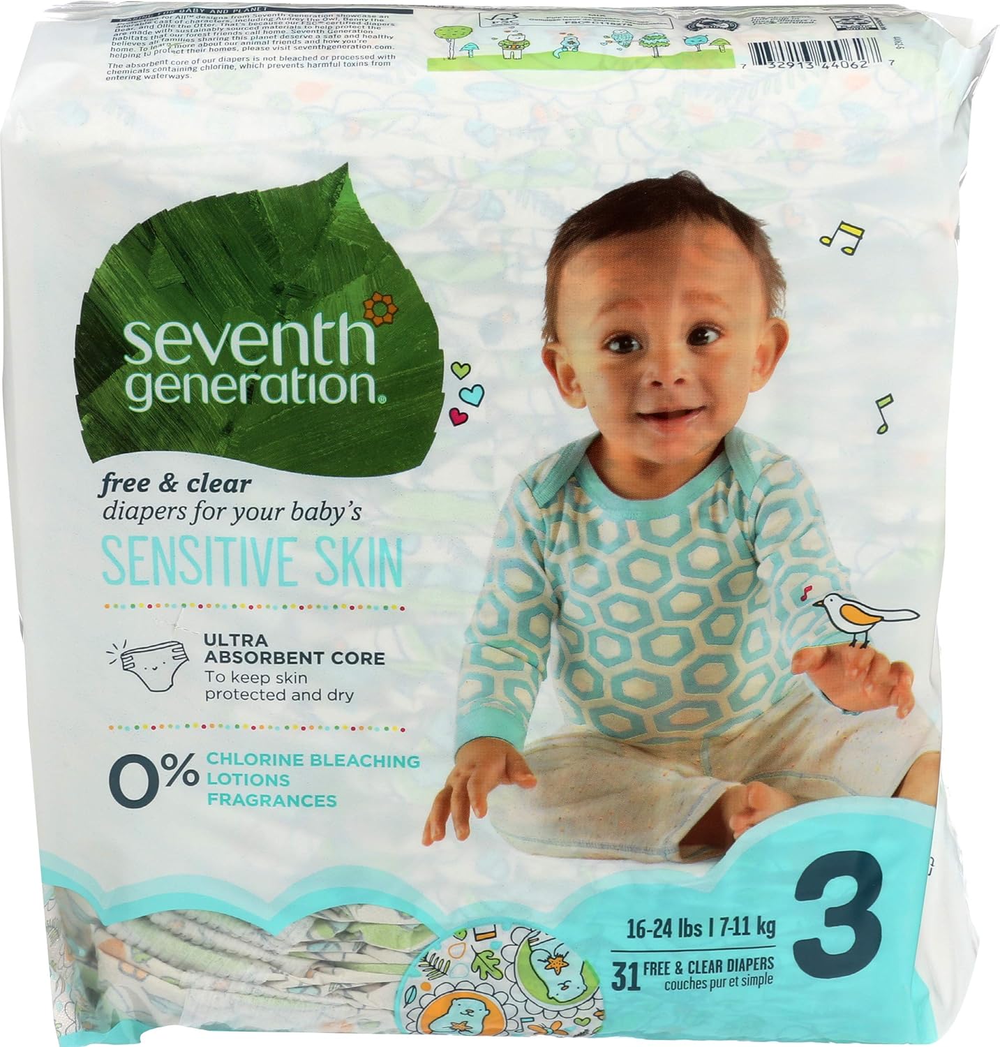 Seventh Generation Baby Diapers for Sensitive Skin, Animal Prints, Size 3, 31 Count