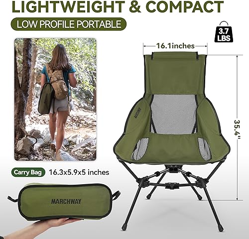 Miniatura 3 de MARCHWAY Silla de camping plegable ligera con respaldo alto con soporte para la cabeza, estable y portátil compacta para campamento al aire libre,