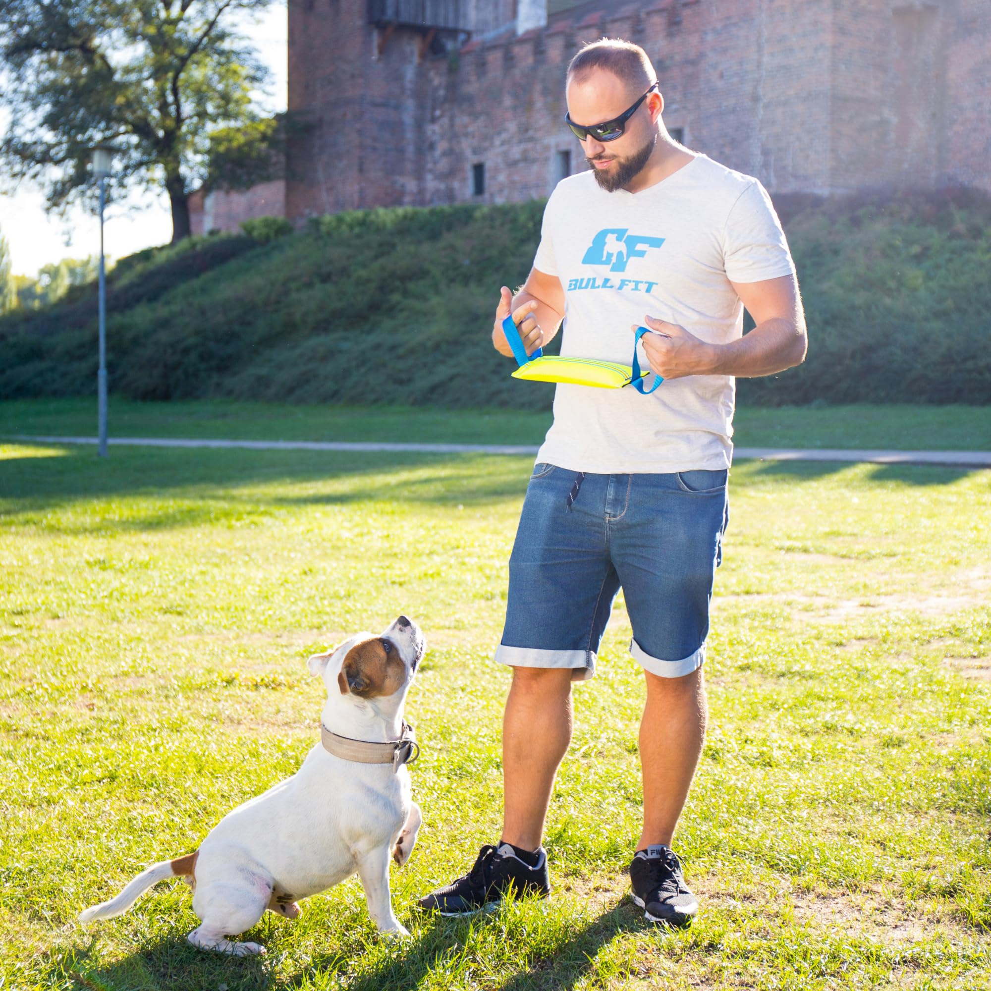 Bull Fit Manicotto per Cani 2 pezzi, con Cuciture Esterne, con due Fiocchi - Duraturo, fatta a mano in manichetta antincendio - per l'addestramento o per il gioco