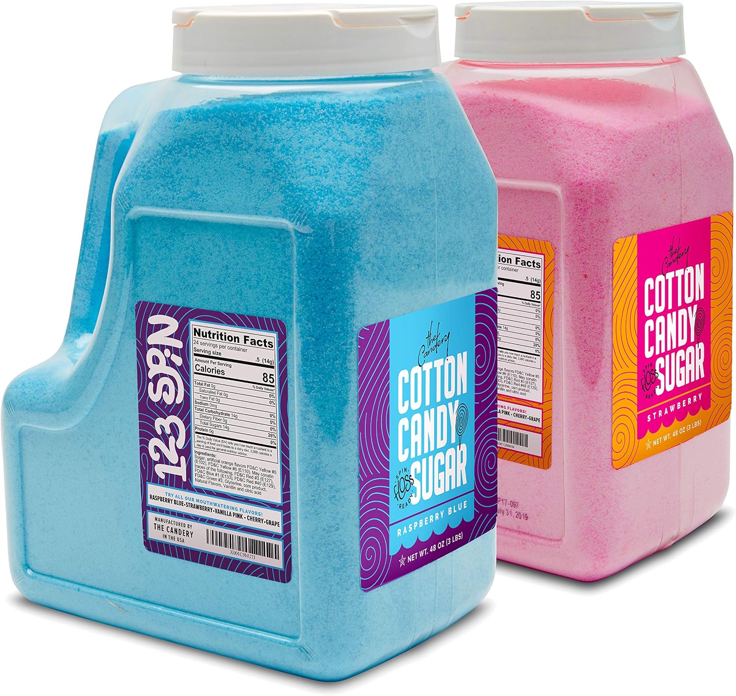 The Candery Cotton Candy Floss Sugar 6lbs 96oz jars- 2 Pack Strawberry and Raspberry