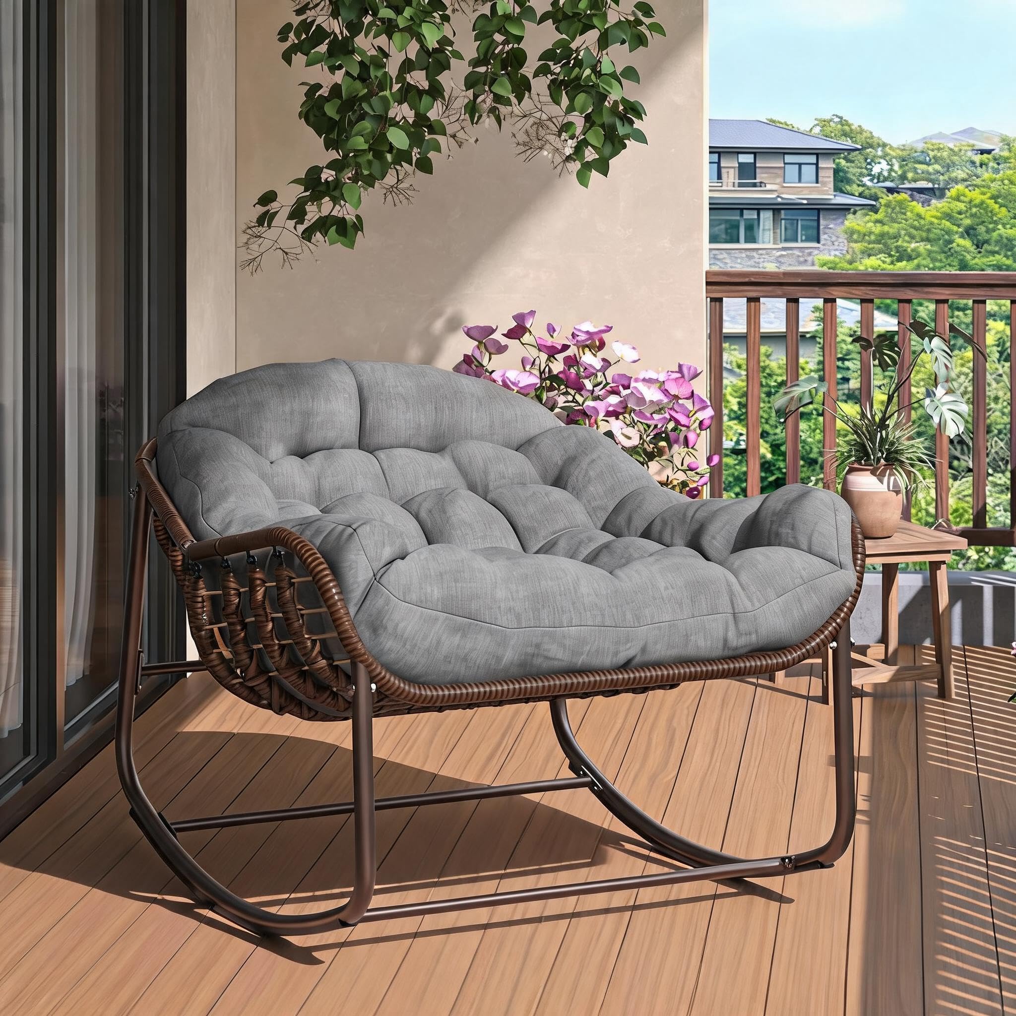Ei-Schaukelstuhl Mit Rattan Und Polster, Schaukelsessel Mit Eisenrahmen Sitzhöhe 80cm, Gepolsterter Relaxsessel Für Wohnzimmer Balkon Garten Outdoor, Braun Pulverbeschichtet Dunkelgrau
