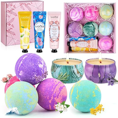 Regalo de bombas de baño, juego de regalo de bomba para mujeres, bombas de baño de burbujas grandes de 5 colores con 2 velas perfumadas, 3 crema de