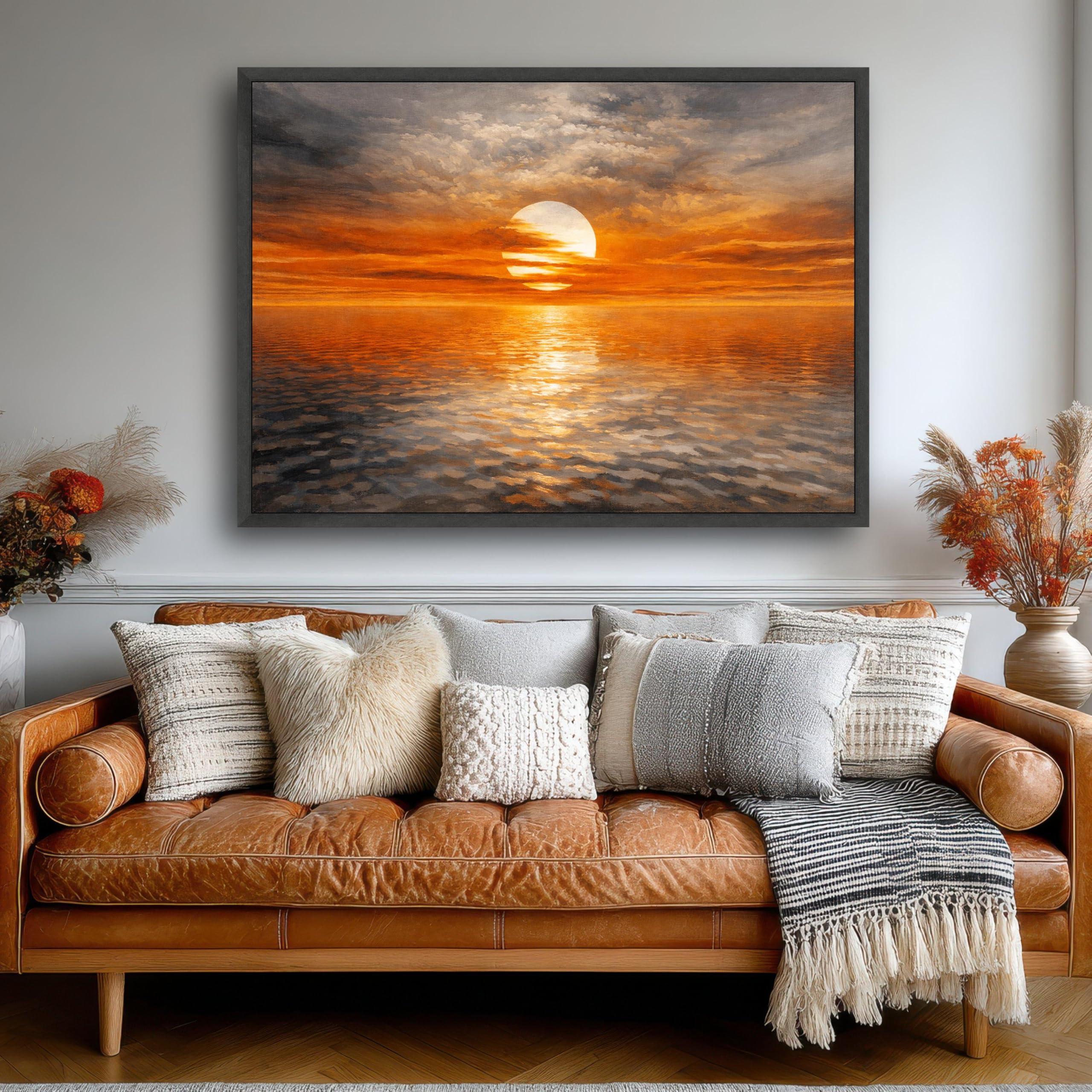 CAOXTART Sunset Ocean Posters Print, Golden Hour Seascape Canvas Wall Art, Tranquil Coastal Scene Canvas Oil Painting(50x75cm/Frameless)