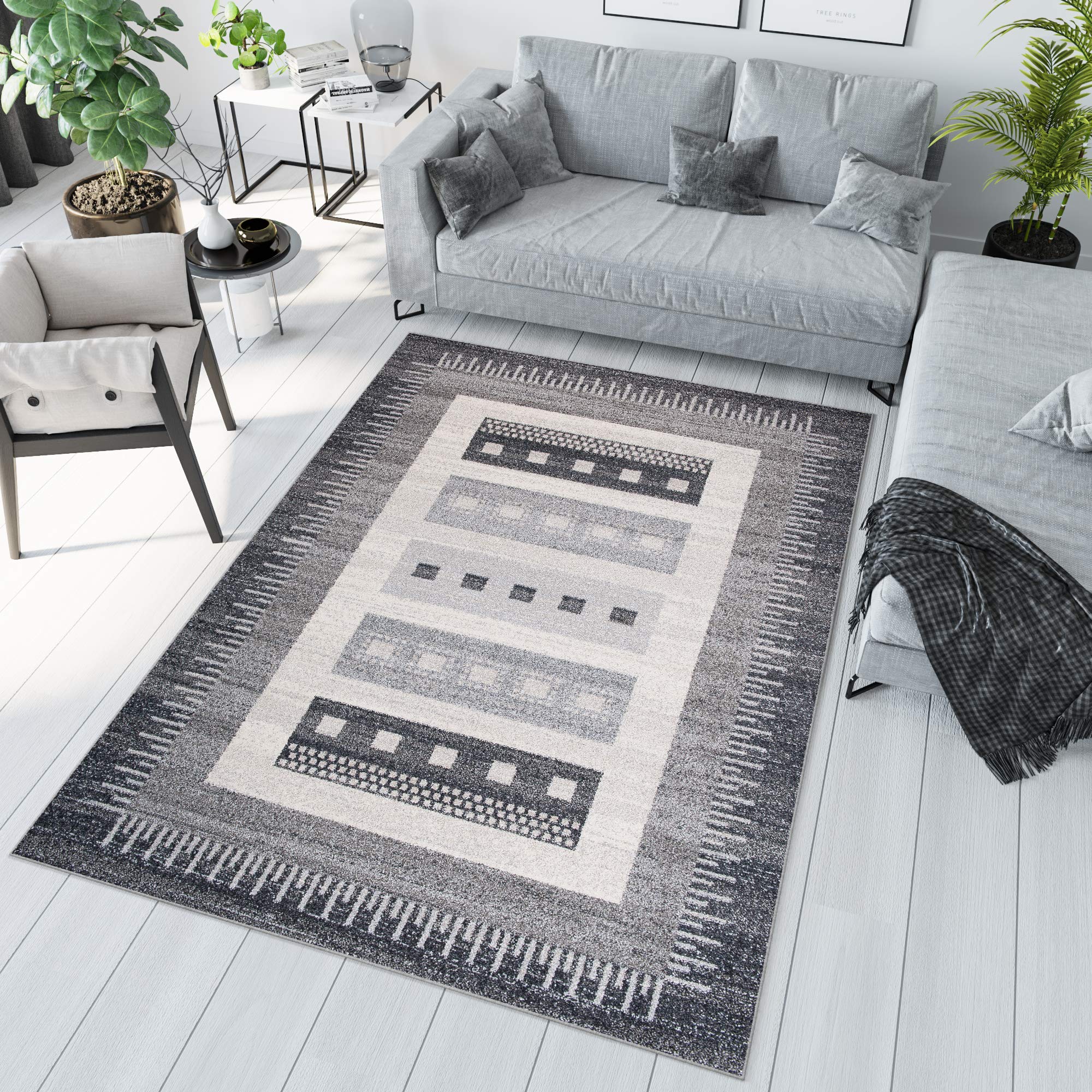 Tapiso® Dywan Sari z krótkim włosiem | melanżowy designerski dywan w kolorze szaro-białym, czarnym, z abstrakcyjnym wzorem w paski, karo, diamenty, idealny do salonu, pokoju gościnnego, jadalni, Ökotex 140 x 190 cm