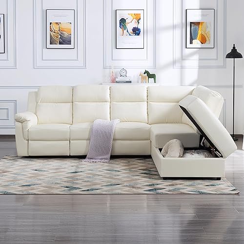 Miniatura 3 de Moderno sofá seccional reclinable manual de piel sintética, 2 portavasos y otomana Sorage, esquina en forma de L de poliuretano 5 sofás para sala de