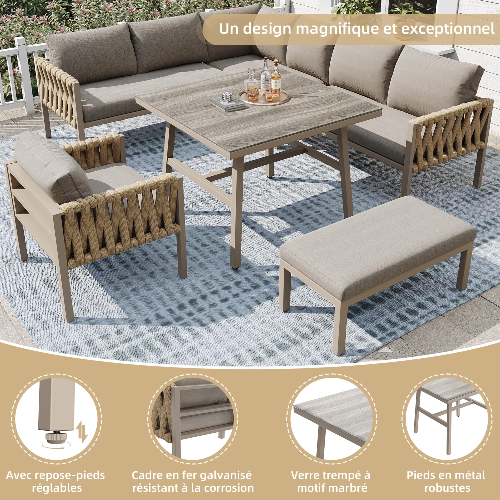 Idemon Set divano da giardino ferro zincato vetro temperato beige cuscini