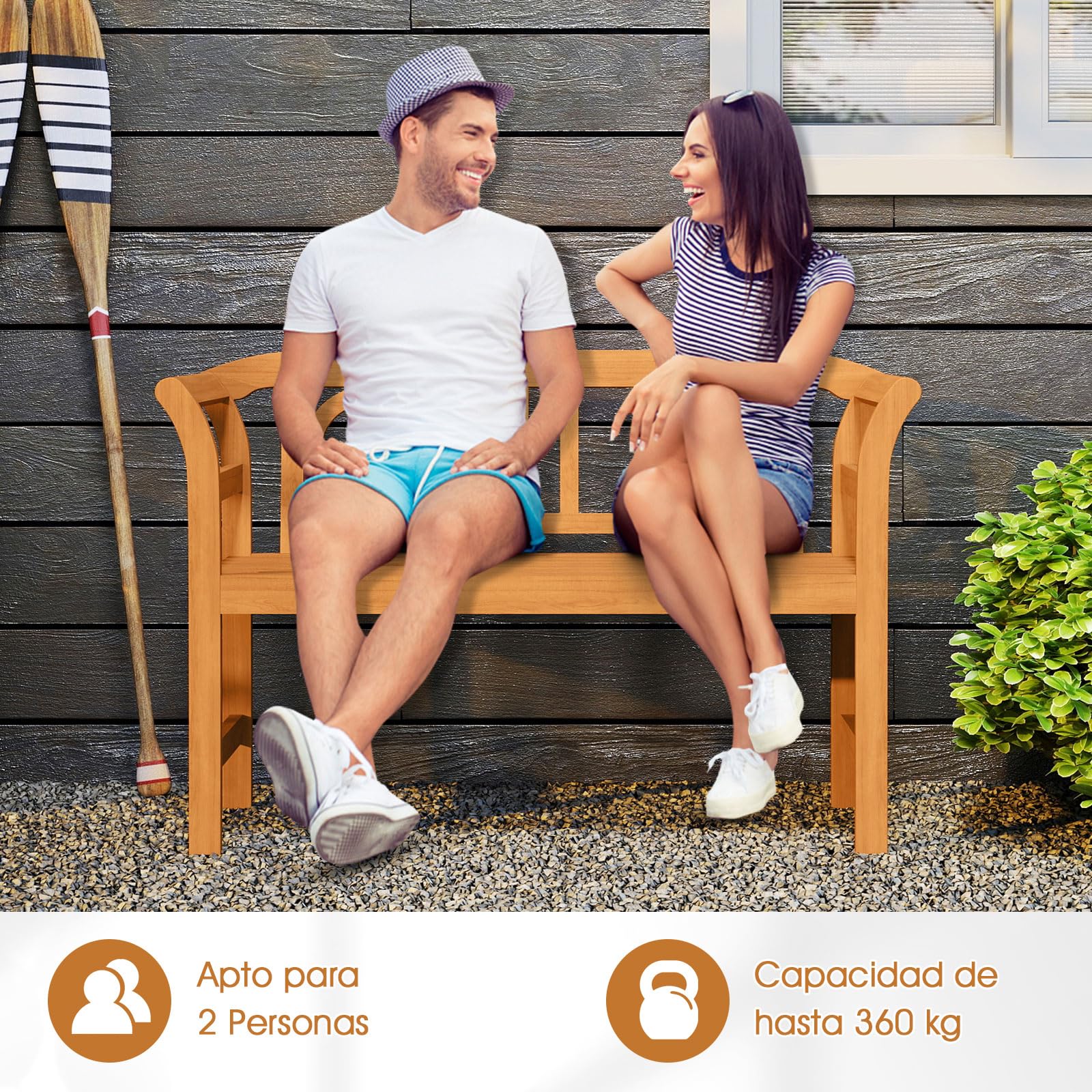 COSTWAY Banco Jardín de Madera Acacia, 2 Plazas, Banco Exterior con Respaldo y Reposabrazos, Patio Porche Terraza Parque, 118 x 50 x 78,5 cm, 360kg (Estilo 3)