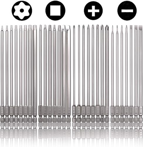 Rocaris Juego de 30 puntas de destornillador magnéticas largas de 1/4 de pulgada con vástago hexagonal de 6 pulgadas (ranuradas+cruz+cuadrado + torx)