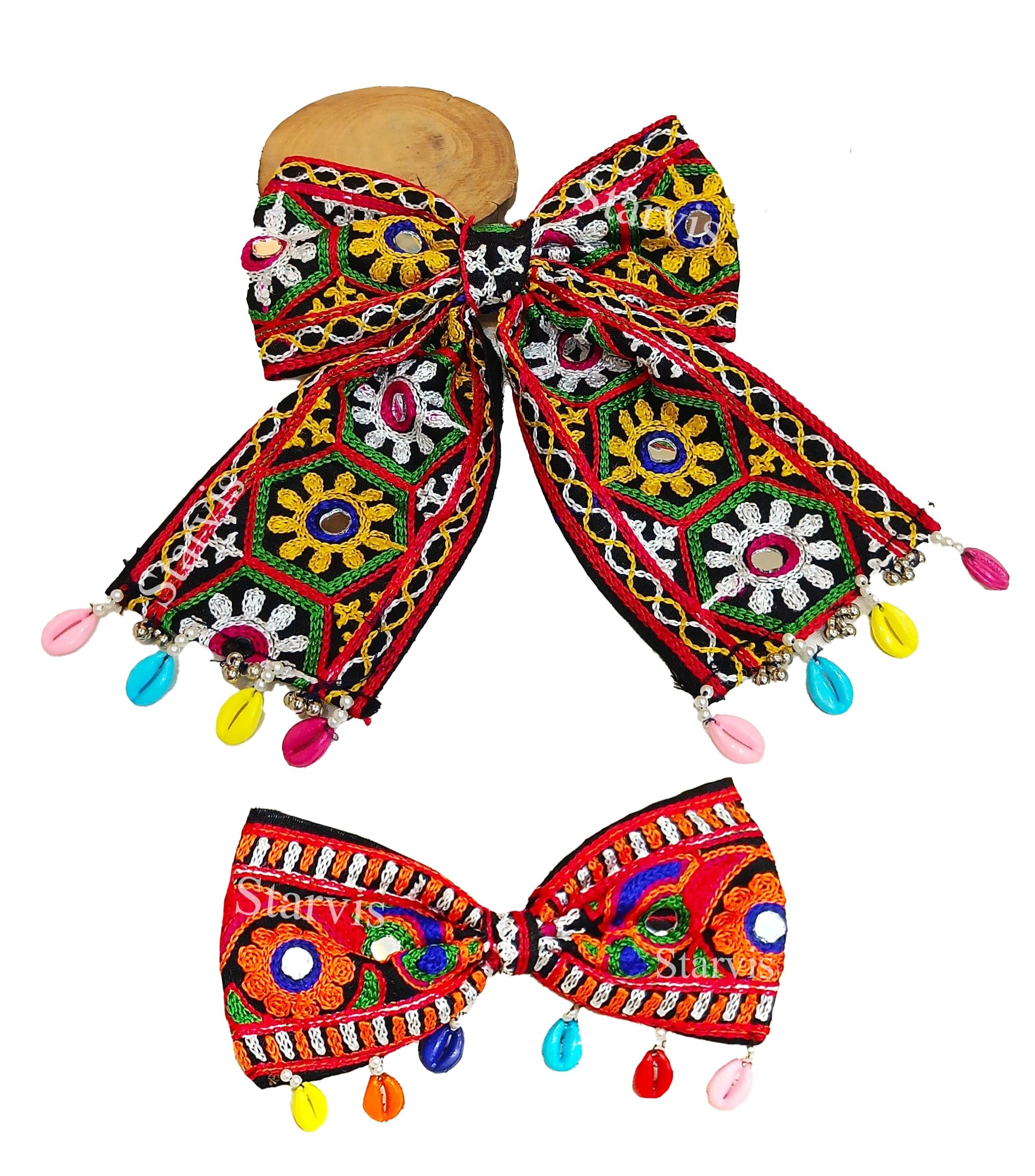 Starvis Navratri Special Hair Accessories Bow Tie Hair Bow Clip – Traditional Embroidered Bow for Women & Girls, Festive Hair Accessory for Garba, Dandiya, and Indian Ethnic Wear Hair Clip with Shell