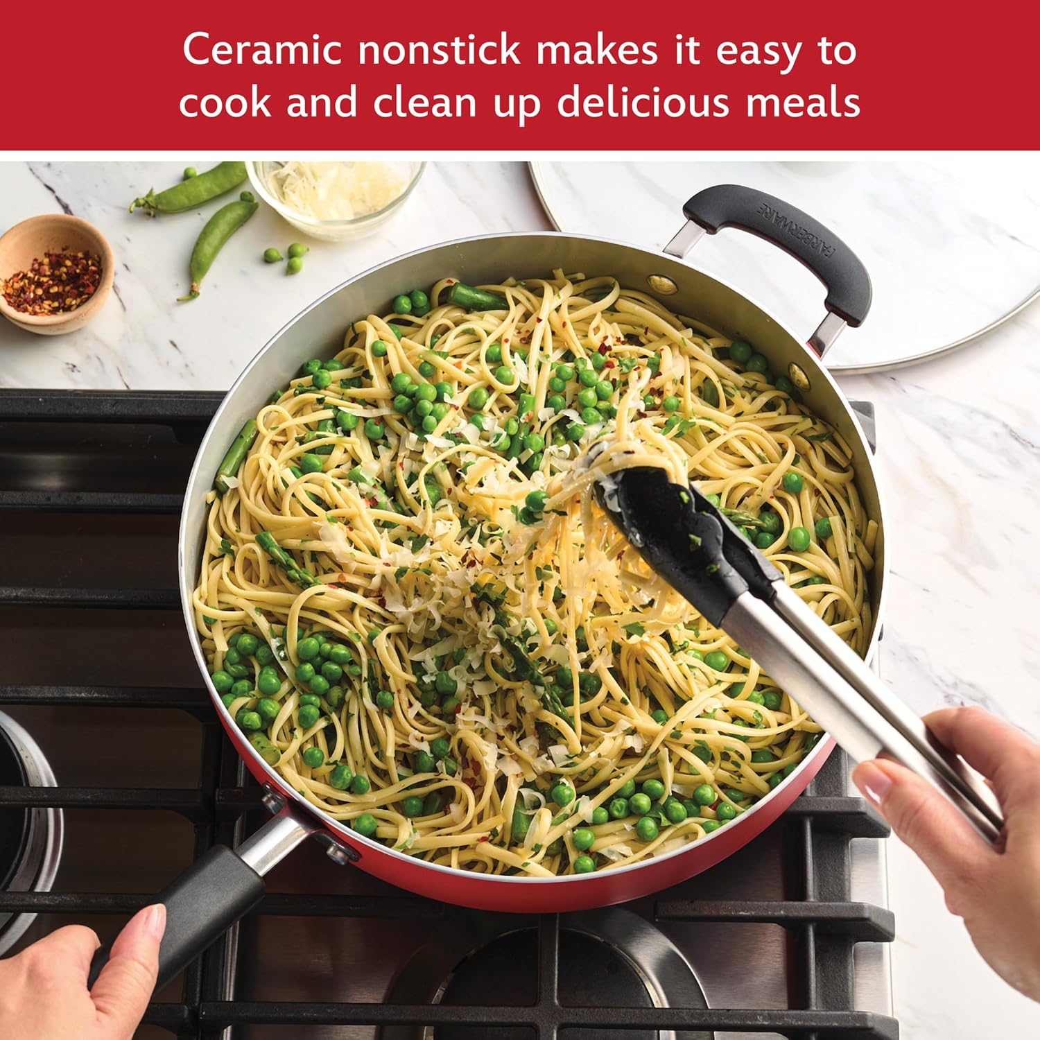 Farberware Disney Bon Voyage Ceramic Nonstick Saute Pan/Frying Pan with Lid and Helper Handle, 4.5 Quart Sauteuse Pan - Red