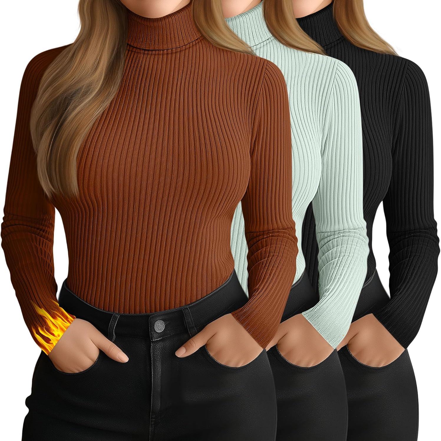Ficerd Women's 3 Pack Plus Size Thermal Turtleneck Tops Ribbed Long Sleeve Shirts Stretch Slim Fit Base Layer