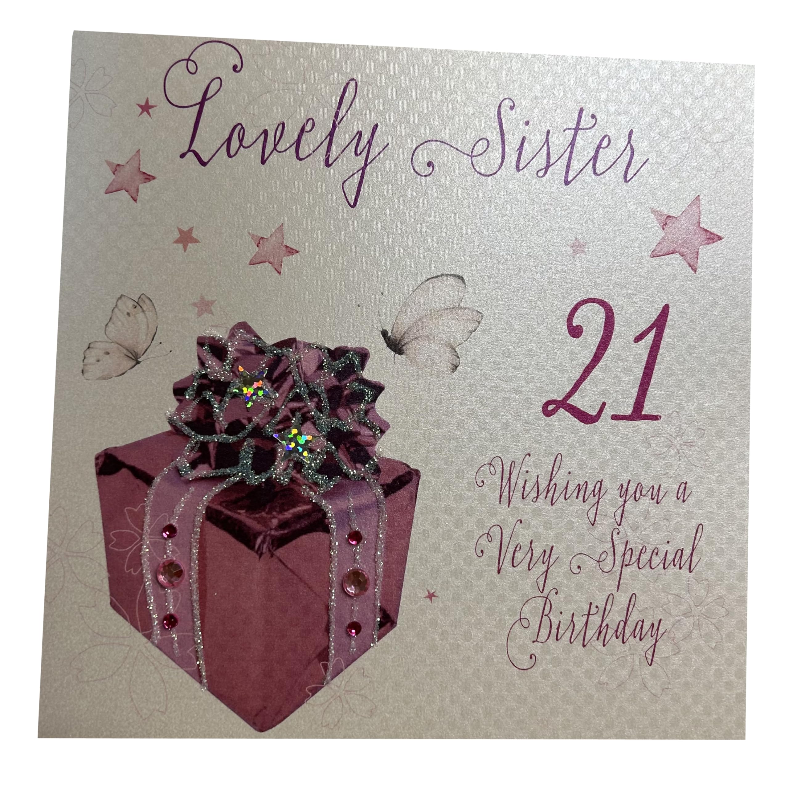 WHITE COTTON CARDS "Pink Present, Lovely Sister 21 Wishing You A Special Birthday Handmade 21st Birthday Card, White, WB190-21