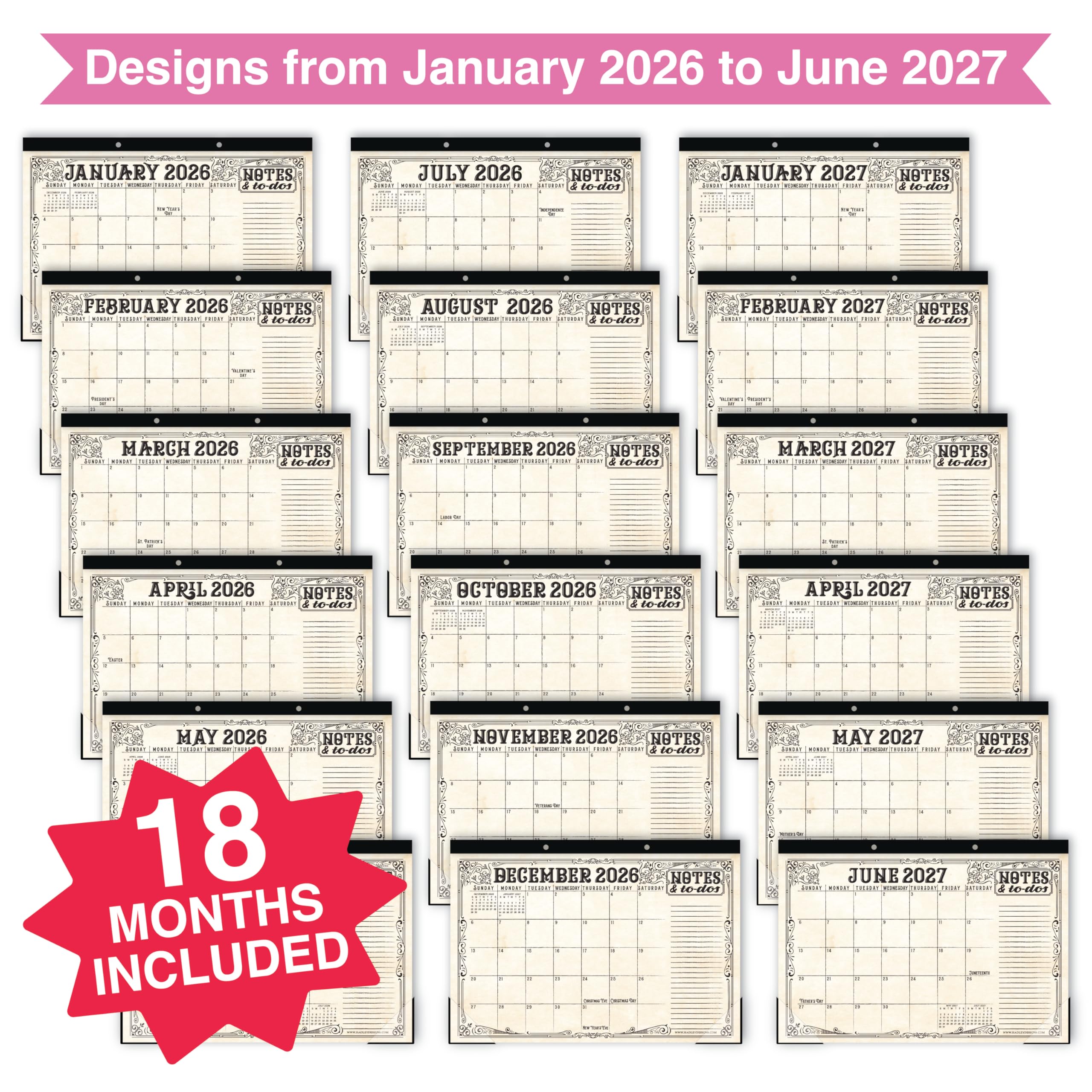 Hadley Designs Großer Tischkalender 2026–2027 – Monatlicher Lehrer-Schreibtischkalender 2026–2027, Tischkalender 2026, 18 Monate 2026, Schreibtischkalender, niedlicher Vintage-Klassenzimmer-Dekor