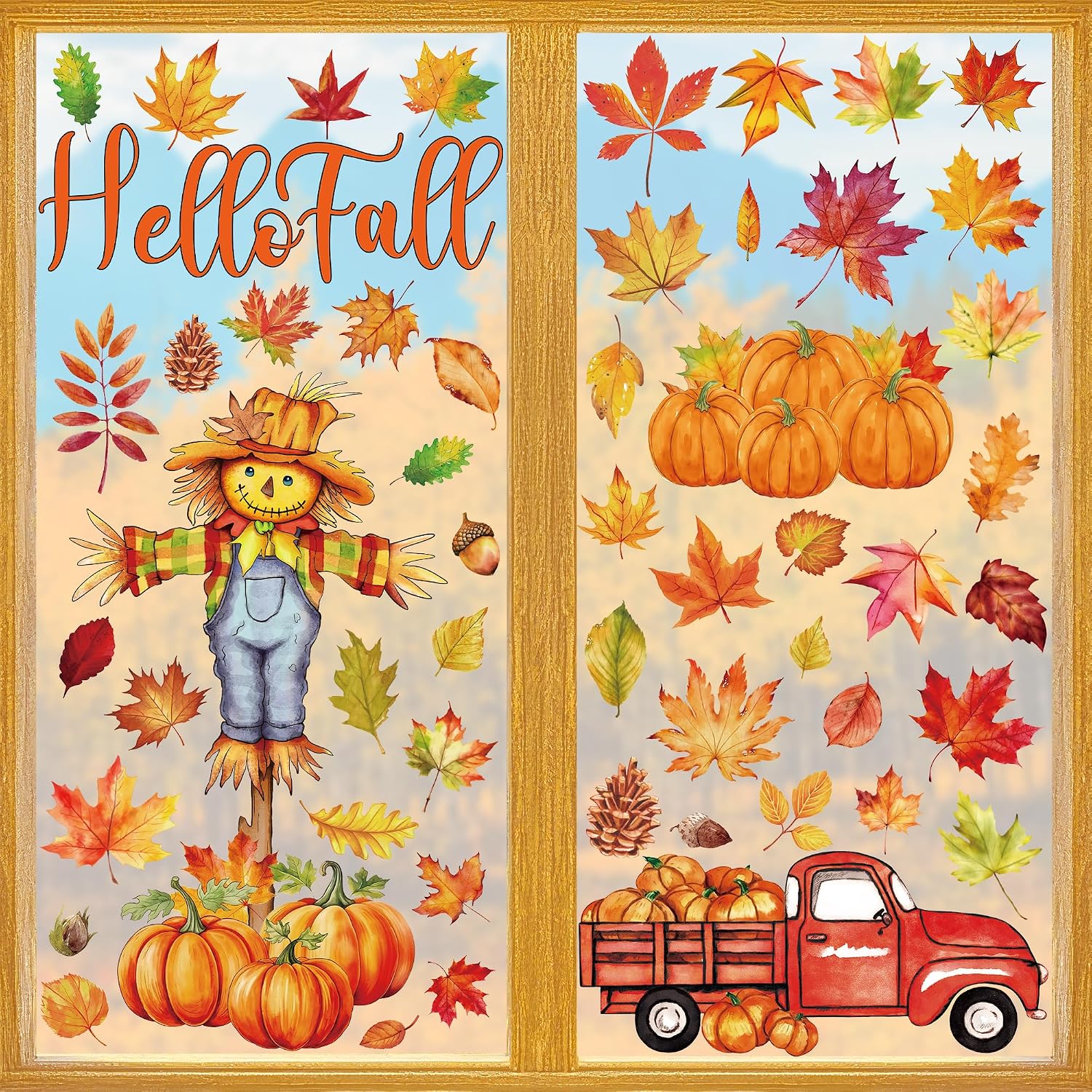 9 Sheets Autumn Window Stickers, Scarecrow Maple Leaves Pumpkin Nuts Decal Windwo Clings, Double Sided Fall Window Clings for Fall Decorations Decor Thanksgiving Accessories Indoor Outdoor